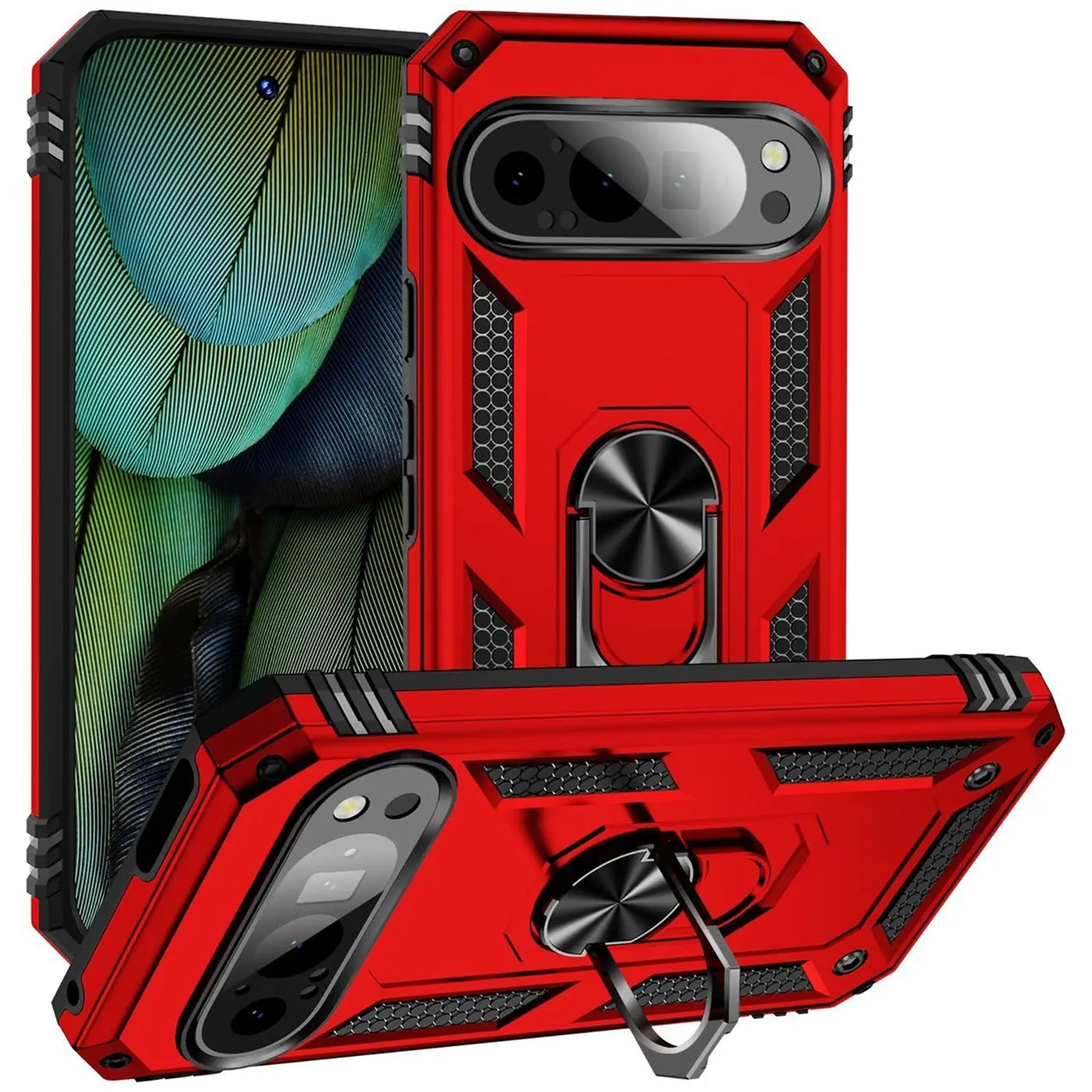 Rote, robuste Kunststoffhülle für Google Pixel 9 Pro mit schwarzem Ringhalter, von hinten und schräg von oben.