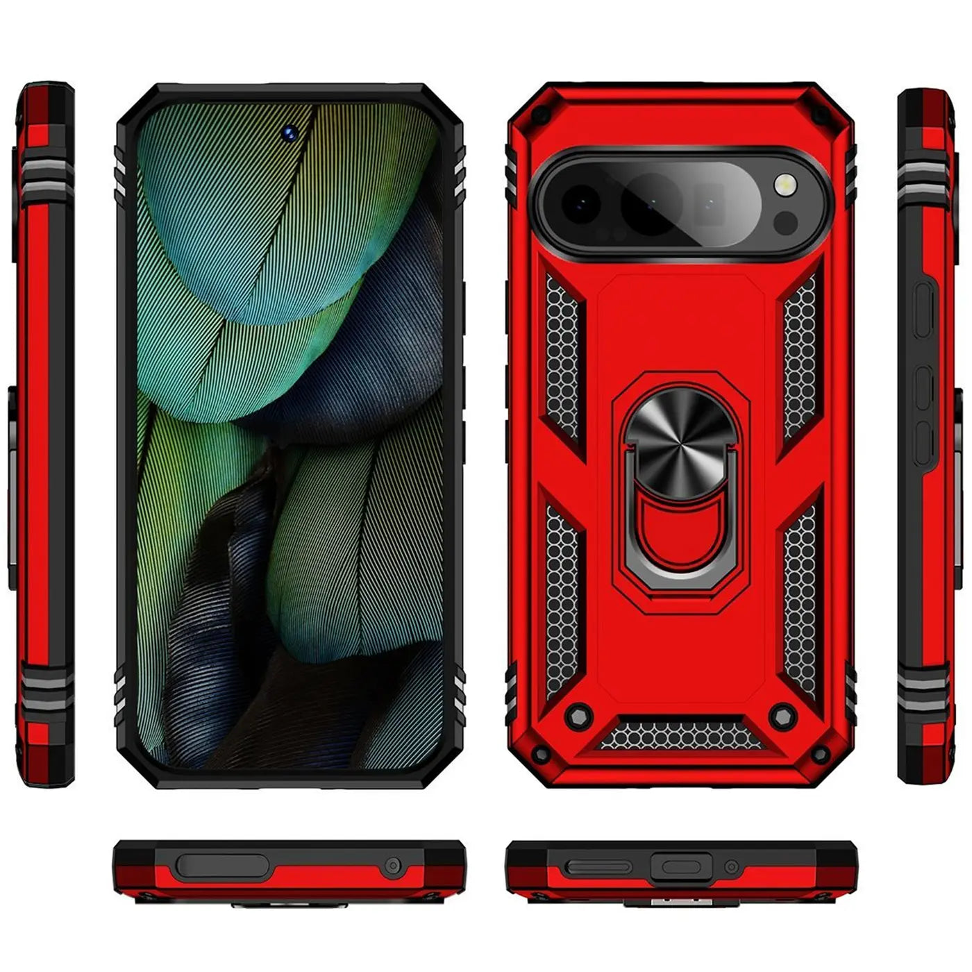 Rote, robuste Handyhülle aus Kunststoff und Metall für Google Pixel 9 Pro XL mit Ringhalter, von allen Seiten gezeigt.