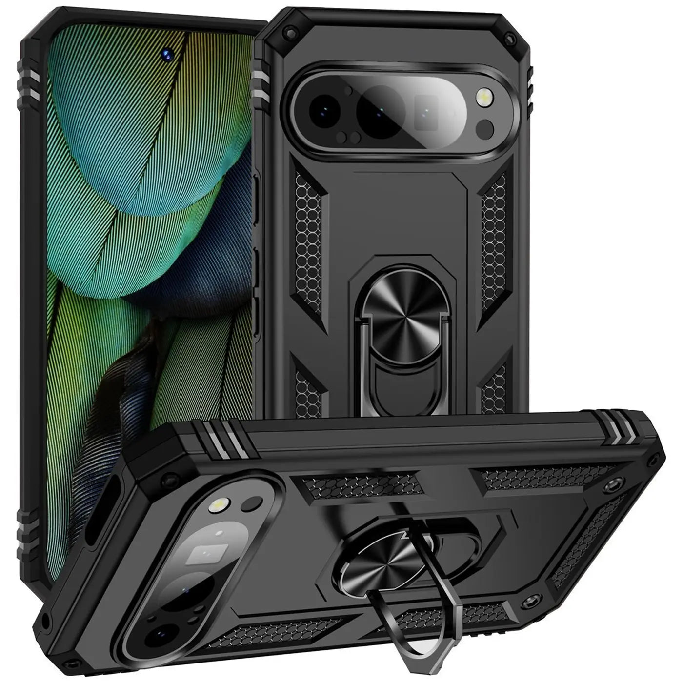 Drei schwarze, robuste Google Pixel 9 Pro XL Hüllen aus Kunststoff mit Ringhalter, aus verschiedenen Perspektiven.