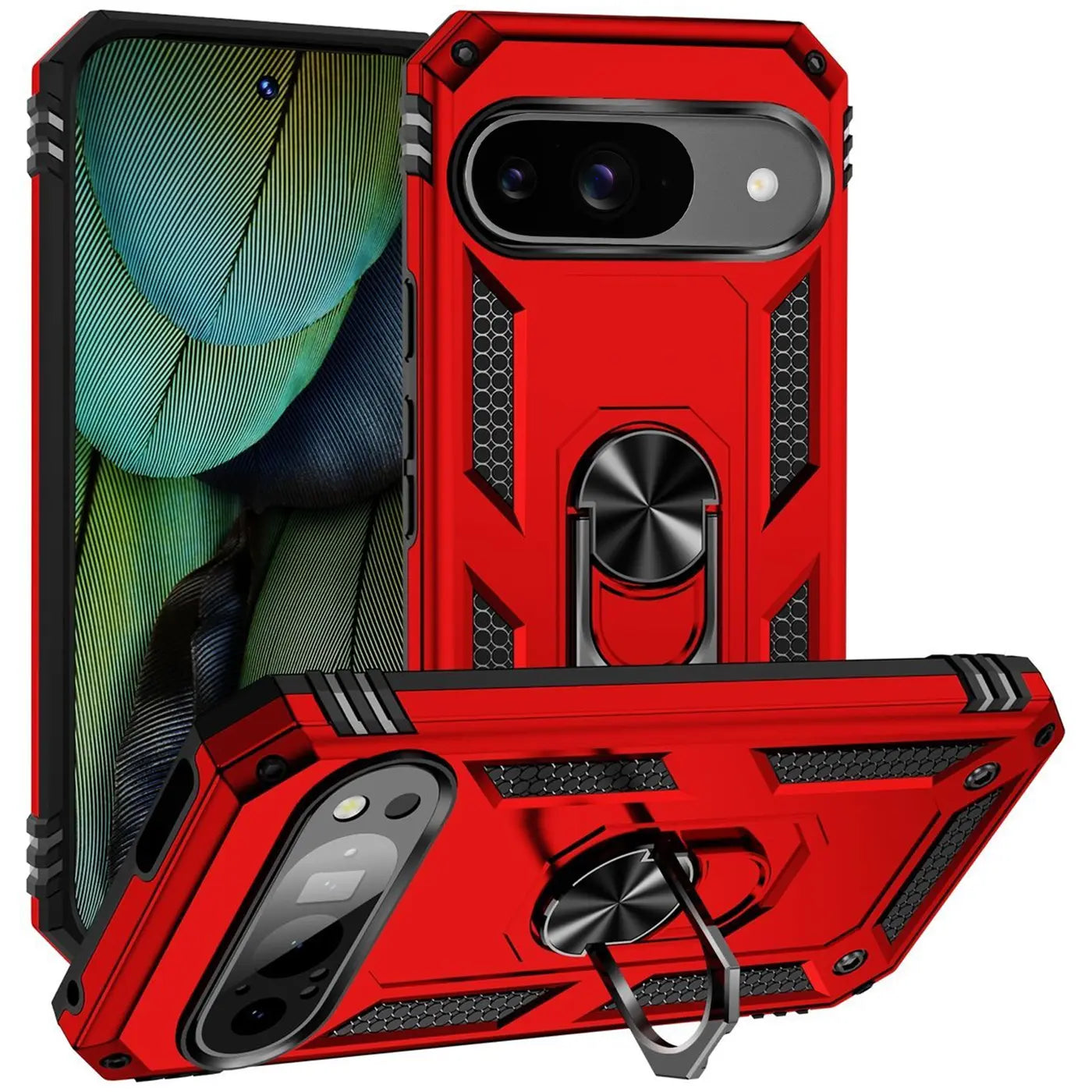 Rote Military-Hülle aus Kunststoff für Google Pixel 9 mit schwarzem Ringhalter, in zwei Perspektiven dargestellt.
