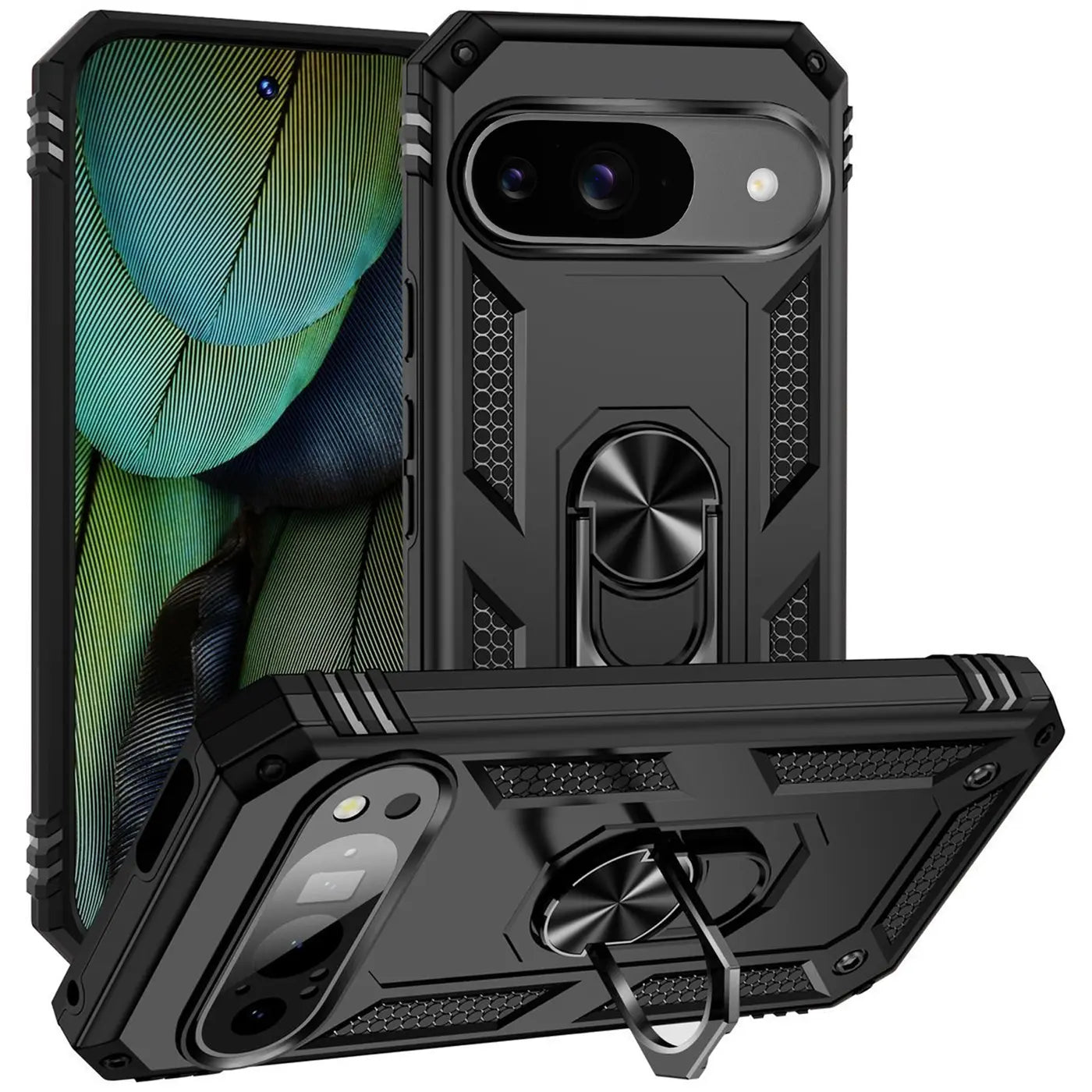 Drei schwarze, robuste Google Pixel 9 Hüllen aus Kunststoff mit Metall-Ringhalter, schräg von oben und seitlich.