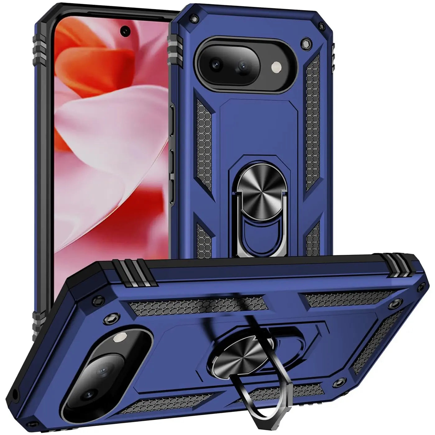 Drei blaue, robuste Google Pixel 9a Hüllen aus Kunststoff mit Ringhalter, aus verschiedenen Winkeln gezeigt.