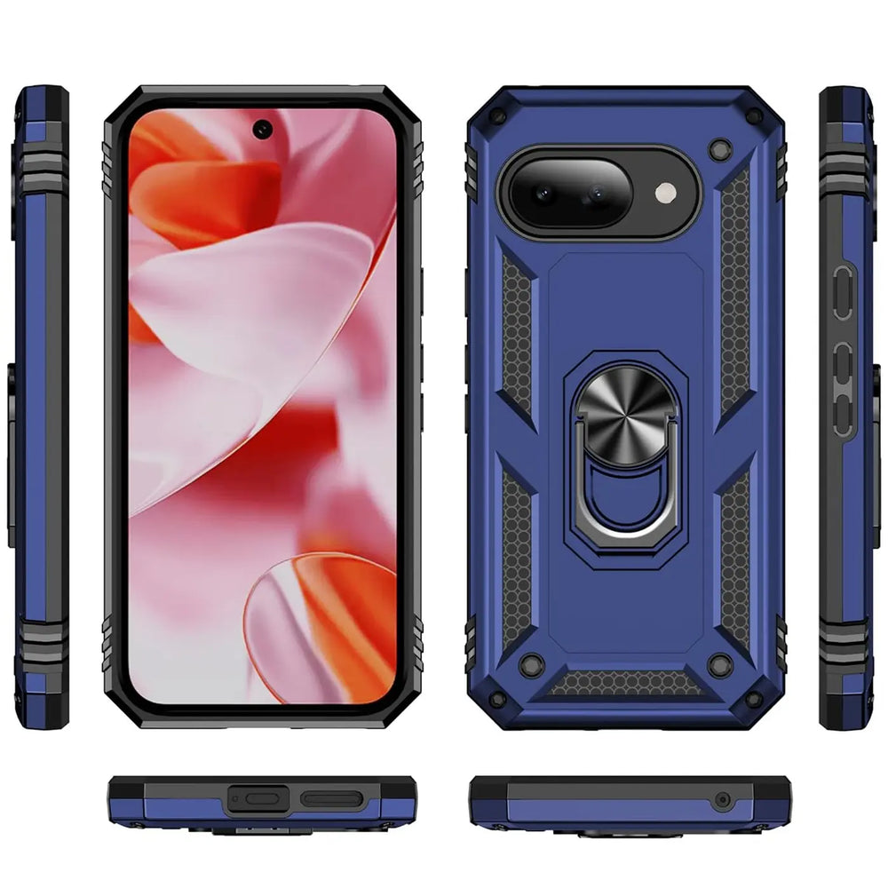 Google Pixel 9a in blauer, robuster Military Hülle mit Ringhalter, von allen Seiten auf weißem Hintergrund.