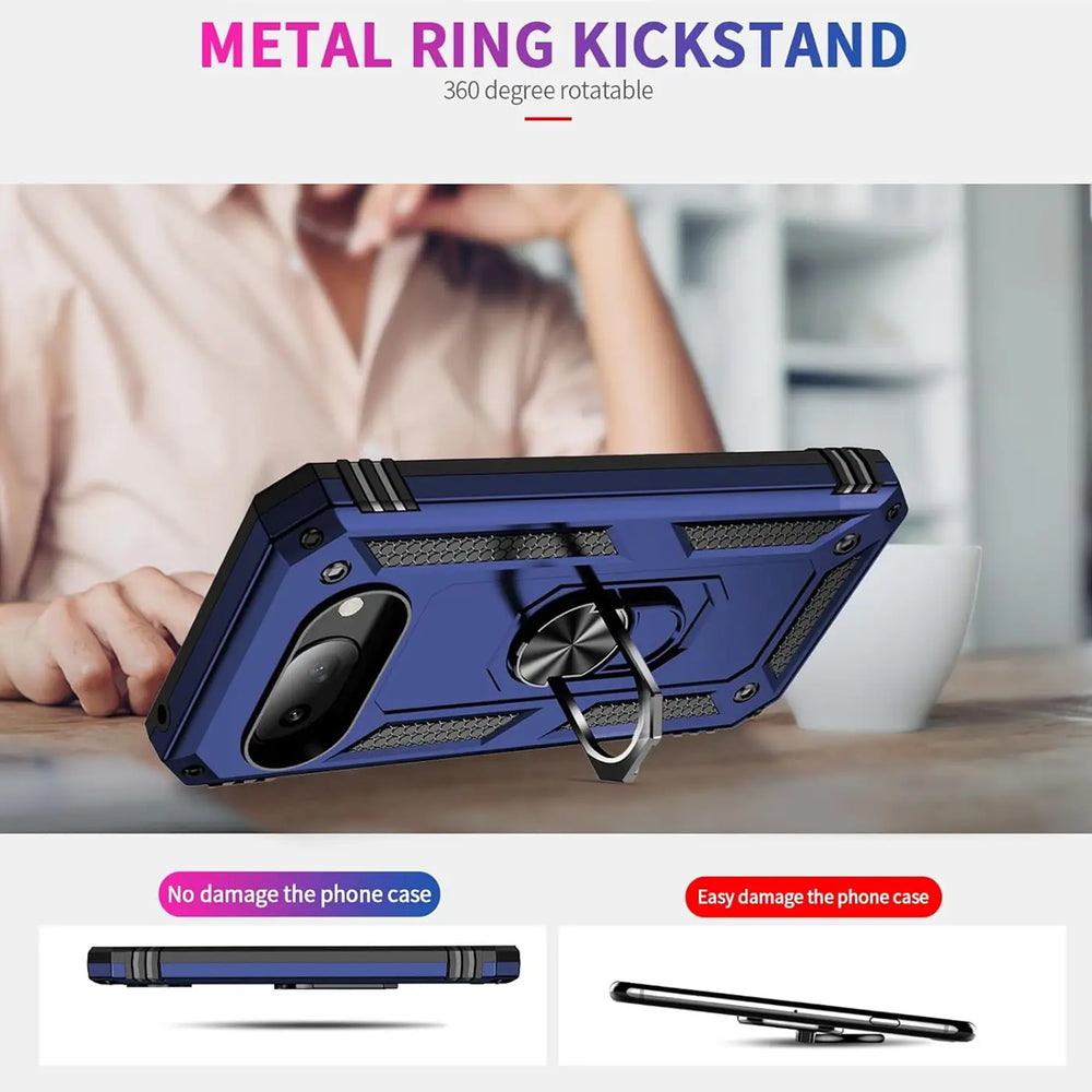 Dunkelblaue Military-Hülle aus Kunststoff und Metall für Google Pixel 9a, schräg von hinten mit ausgeklapptem Ringhalter.