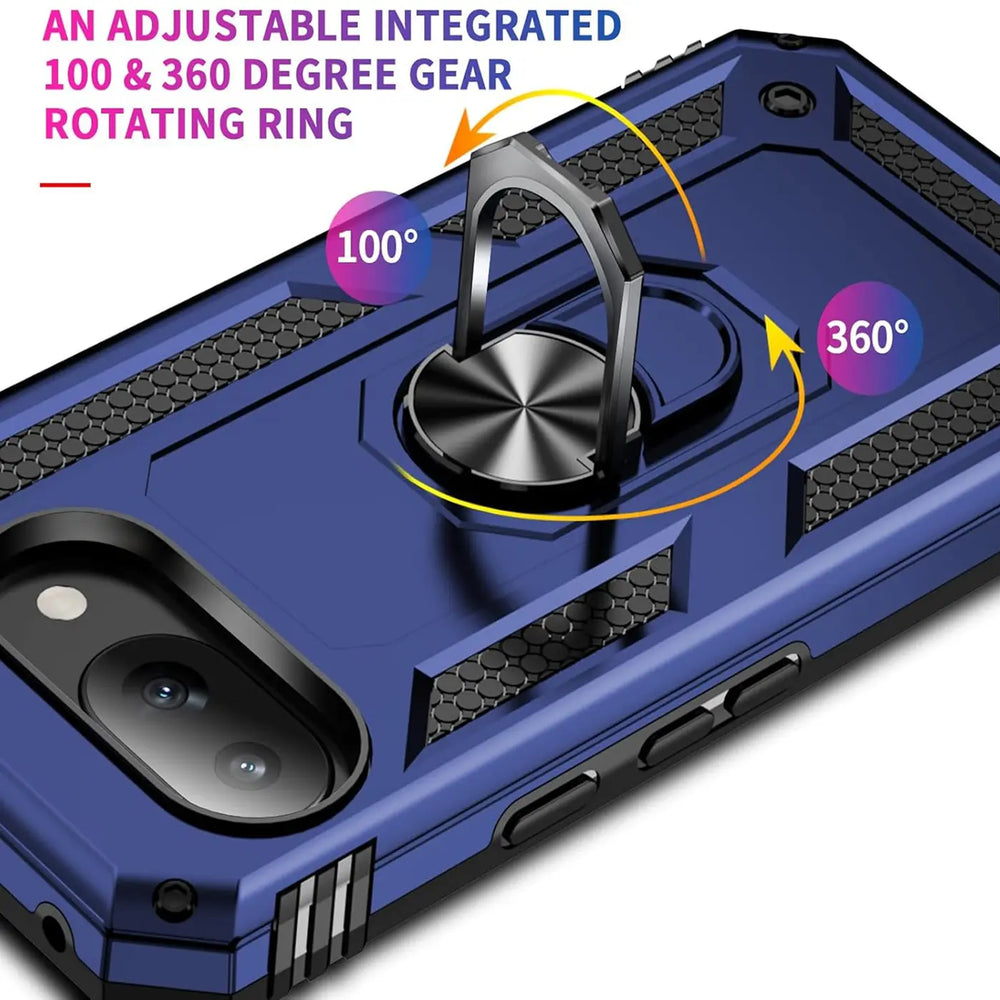 Dunkelblaue Military Hülle für Google Pixel 9a, TPU/PC, schräg von hinten mit silbernem Ringhalter und Kameraausschnitt.