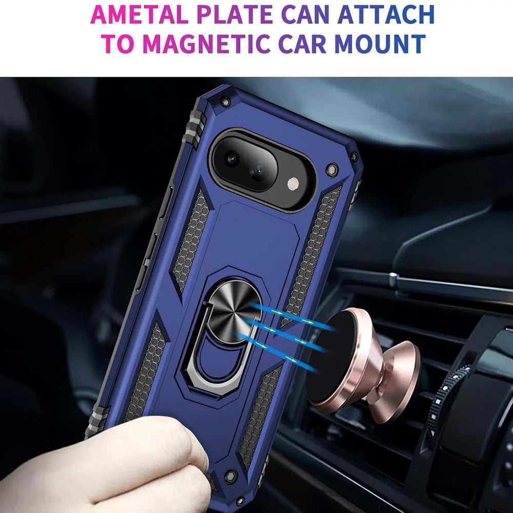 Blau-schwarze Military-Hülle aus Kunststoff für Google Pixel 9a mit Ringhalter, der an magnetischer Autohalterung haftet.