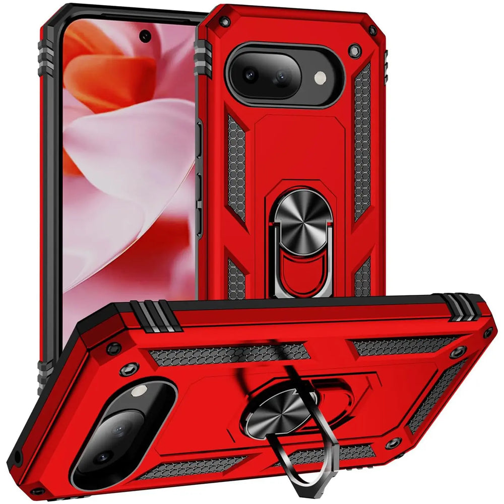 Rote Military-Hülle für Google Pixel 9a aus Kunststoff/Metall mit Ringhalter, stehend und liegend gezeigt.