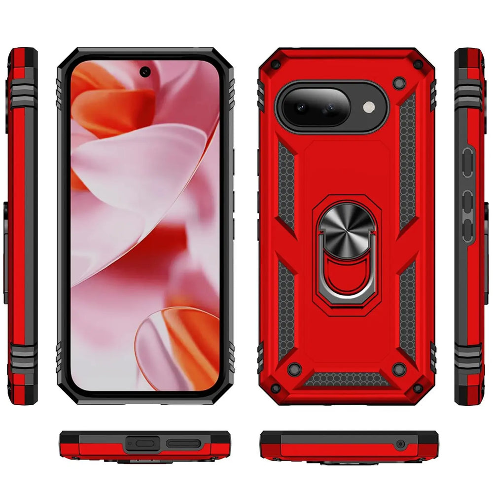 Rote Military-Hülle für Google Pixel 9a, mit Ringhalter, von vorne, hinten und den Seitenansichten.