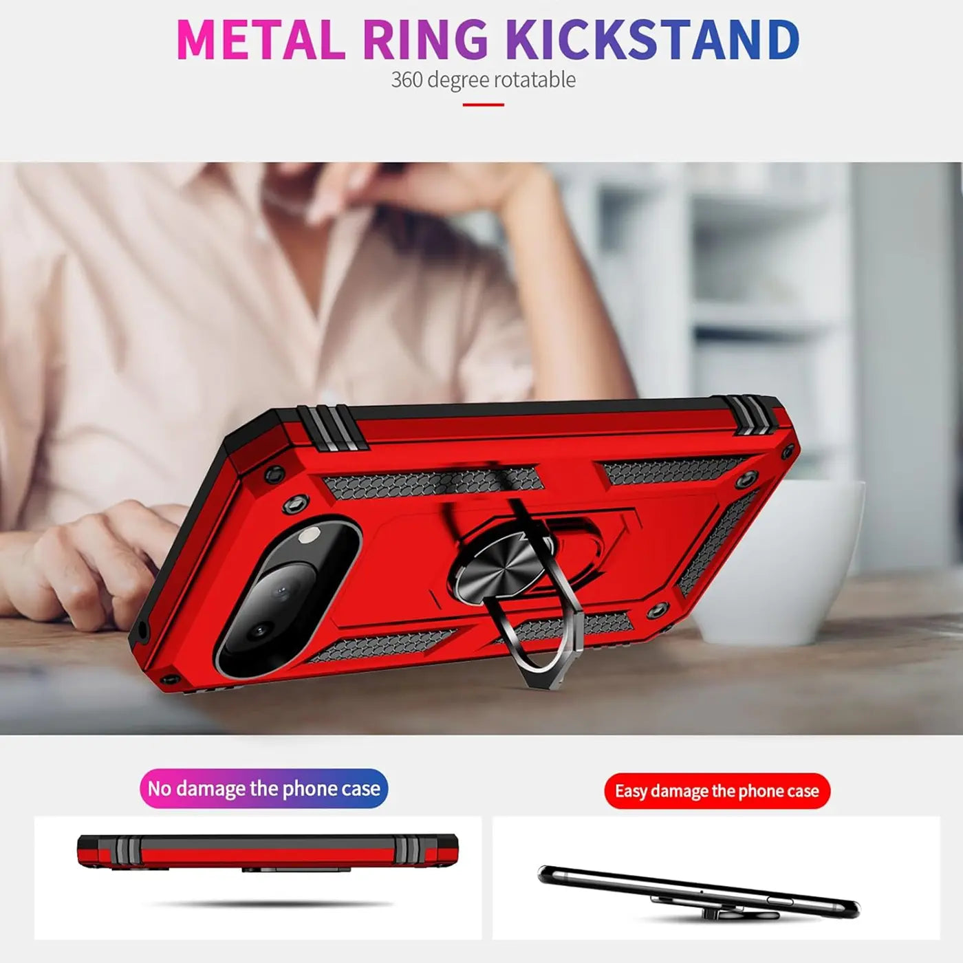 Rote, robuste Google Pixel 9a Hülle mit schwarzem Ringhalter aus Metall, schräg von hinten gezeigt.