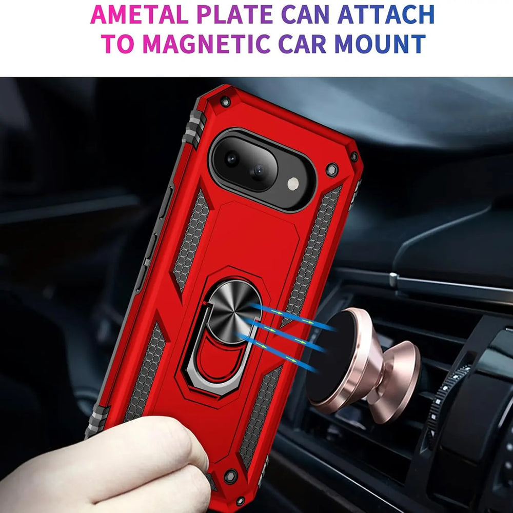 Rote Military-Hülle aus Kunststoff/Metall für Google Pixel 9a mit Ringhalter, der an magnetischer Autohalterung haftet.