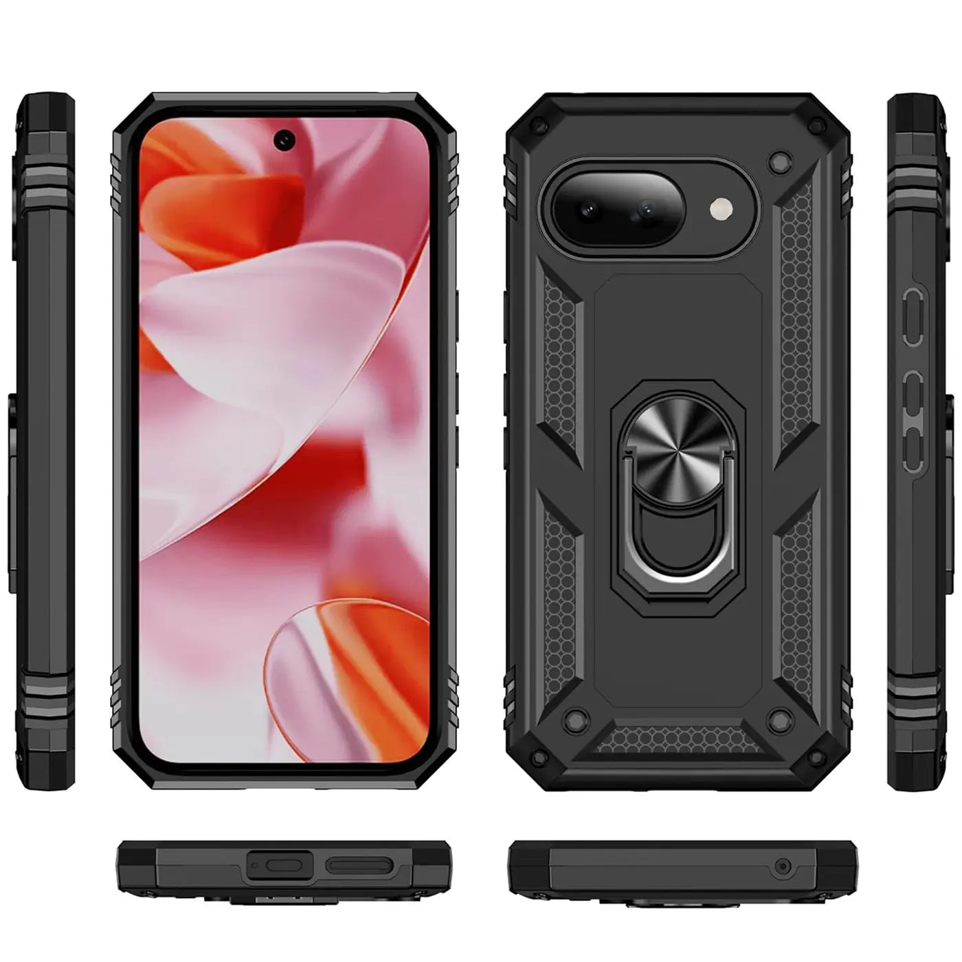 Google Pixel 9a Hülle, schwarz, robustes TPU/PC, mit Ringhalter. Ansichten von Vorder-, Rückseite, Seiten, oben, unten.
