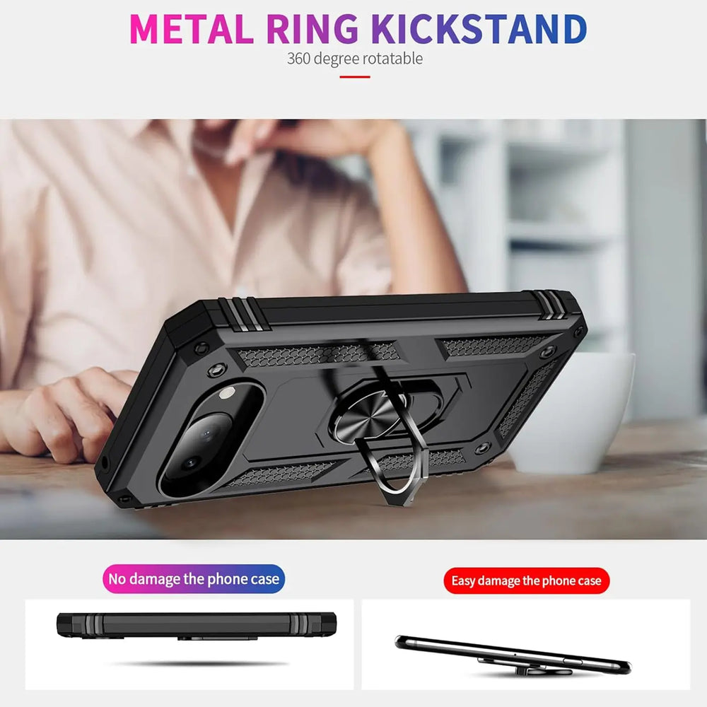 Schwarze Military-Hülle aus Kunststoff für Google Pixel 9a mit ausgeklapptem Metall-Ringhalter, schräg von hinten.