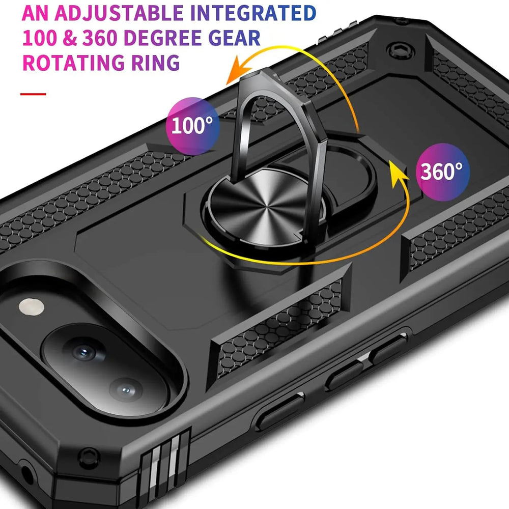 Schwarze Military-Hülle für Google Pixel 9a, mit Ringhalter und Kameraausschnitt, schräg von oben.