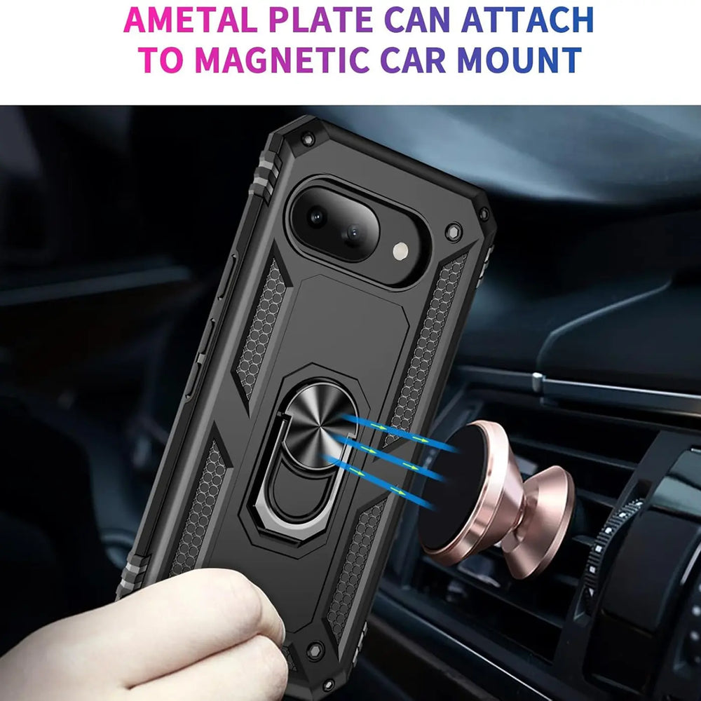 Schwarze Military-Hülle aus Kunststoff für Google Pixel 9a mit Ringhalter, an magnetischer Auto-Halterung befestigt.