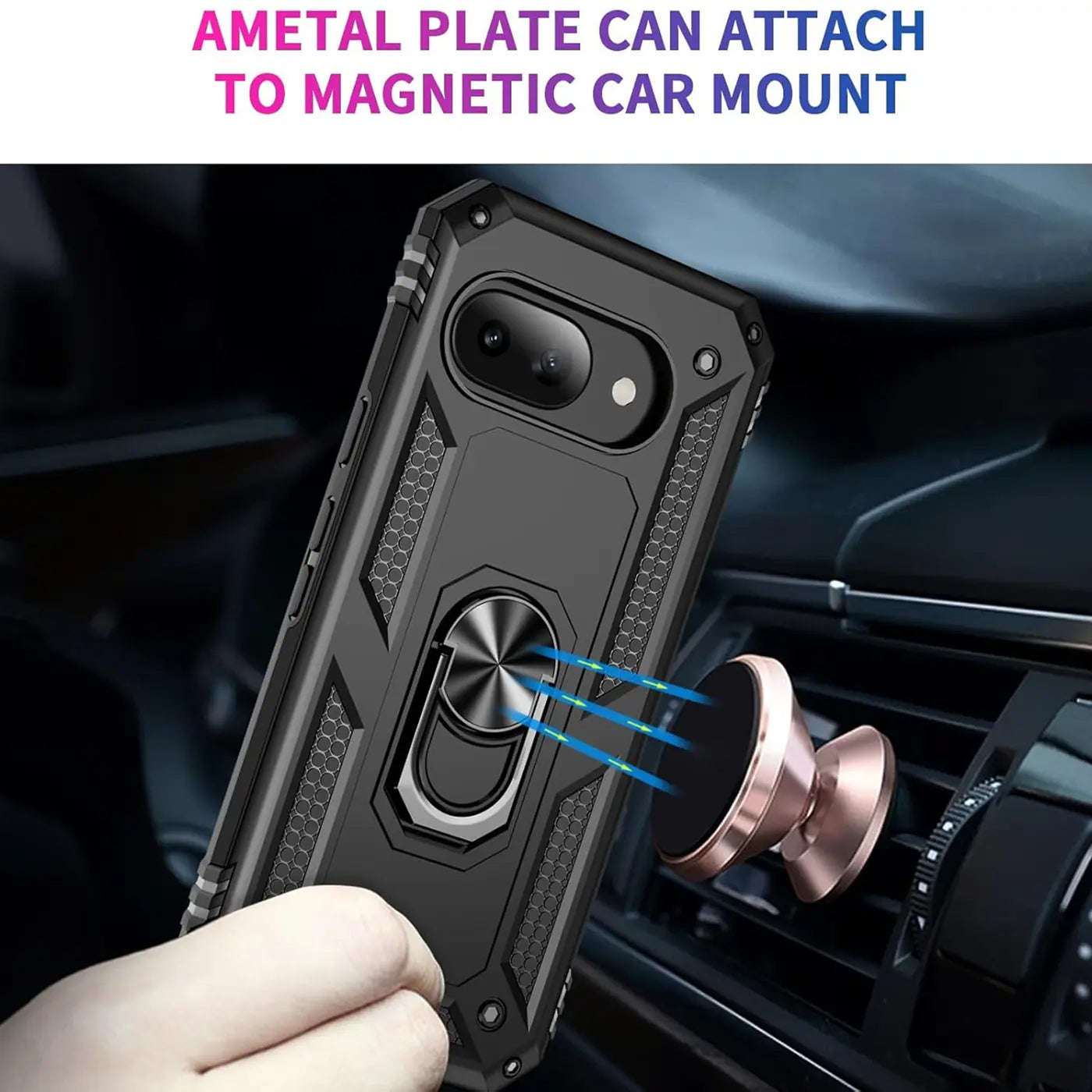 Schwarze Military-Hülle aus Kunststoff für Google Pixel 9a mit Ringhalter, an magnetischer Auto-Halterung befestigt.