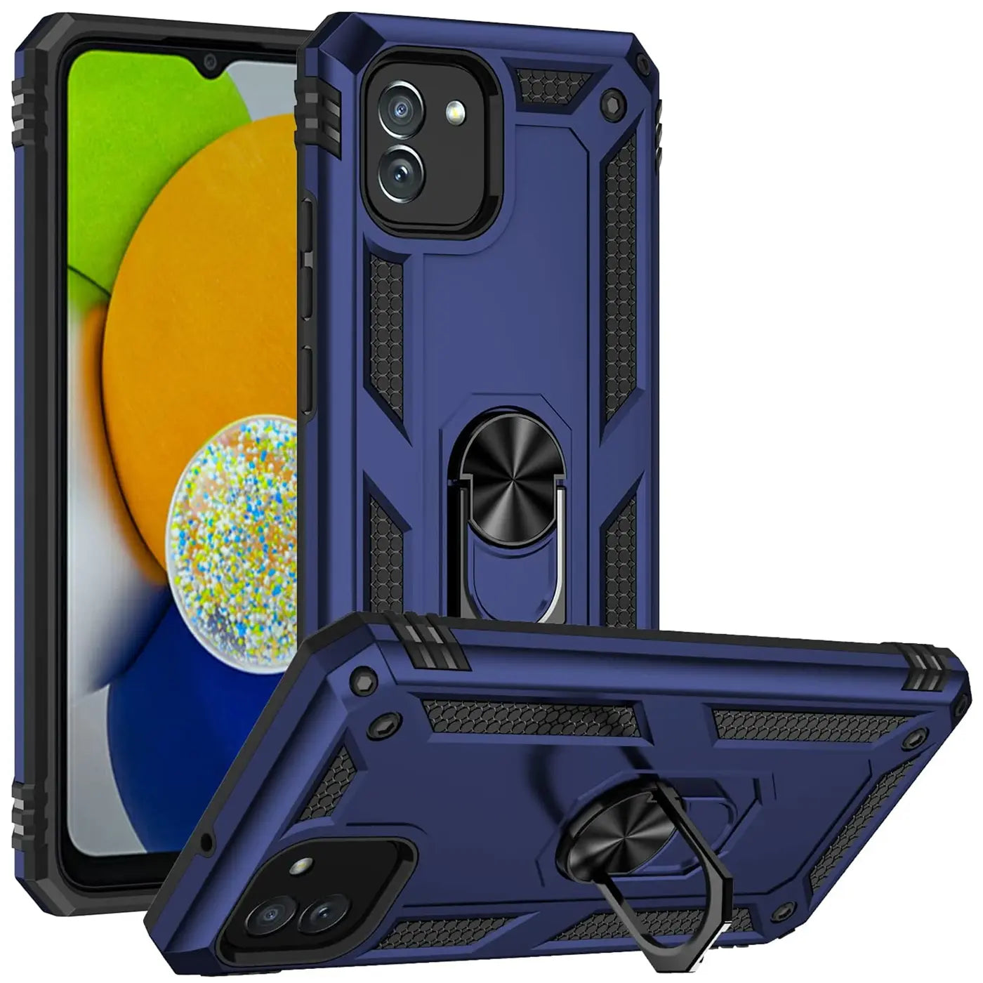 Blaue Hülle mit Ringhalter für Samsung Galaxy A03, aus Kunststoff, von vorne und schräg.
