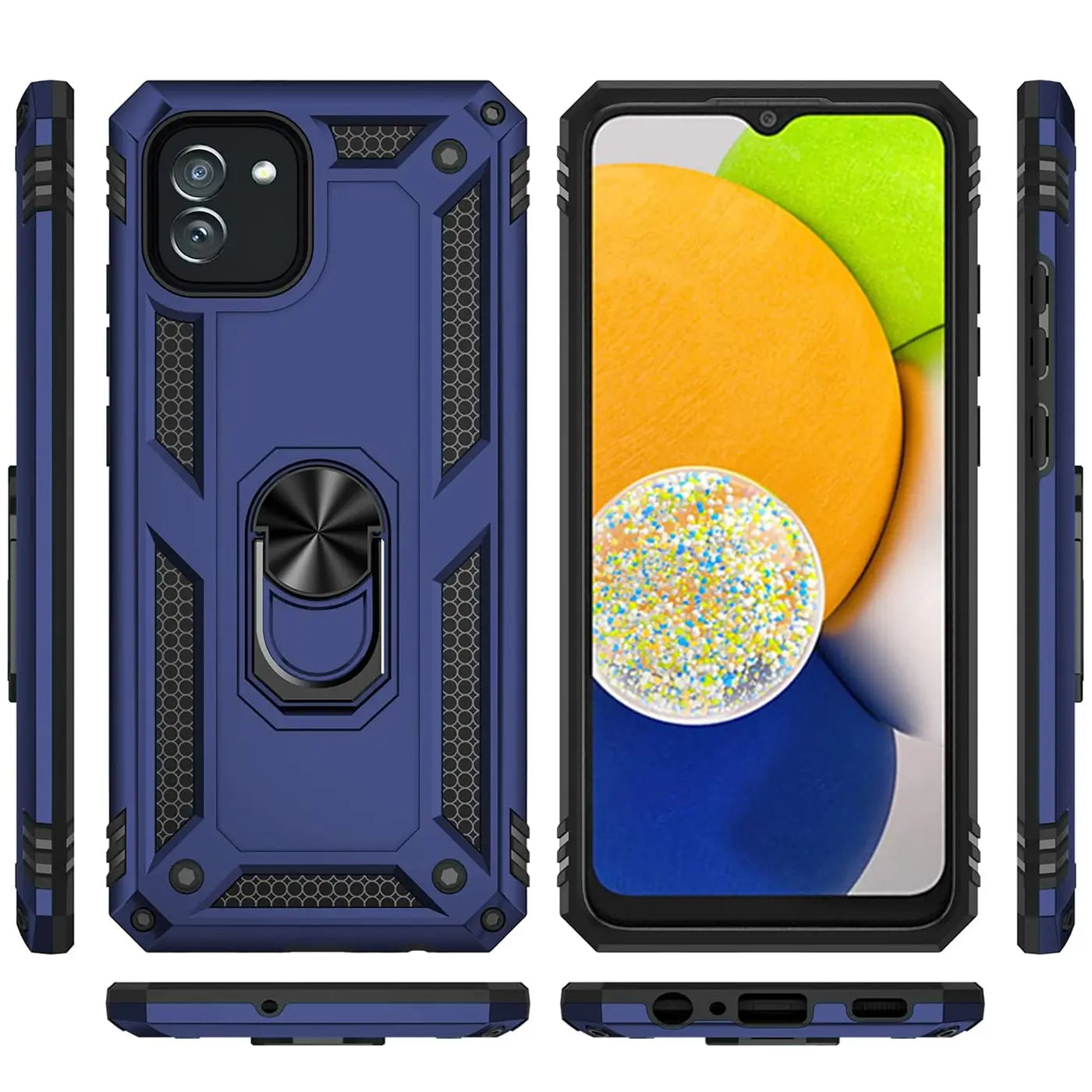 Blaue Hülle mit Ringhalter für Samsung Galaxy A03, verschiedene Ansichten.