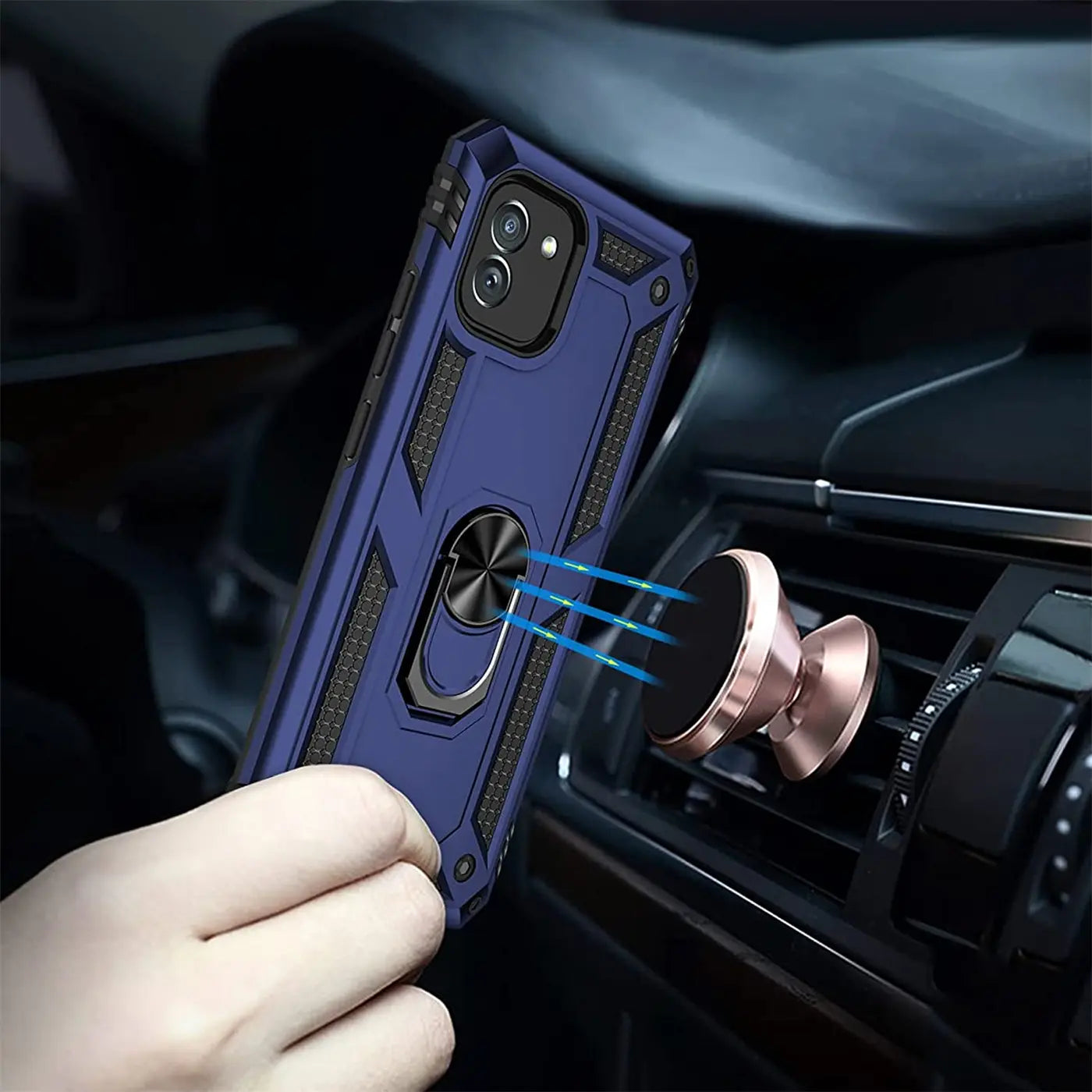 Blaue Hülle mit Ringhalter für Samsung Galaxy A03, aus Kunststoff, Nahaufnahme.