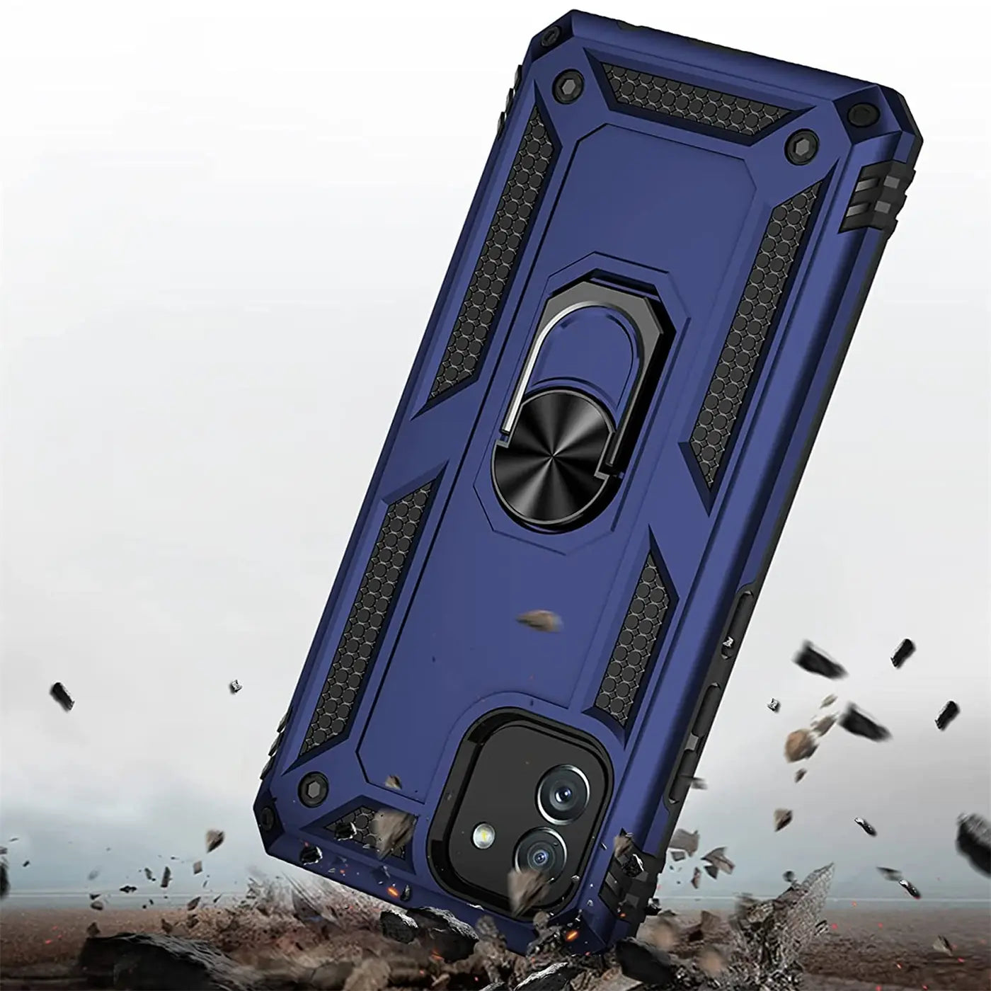 Blaue Hülle mit Ringhalter für Samsung Galaxy A03, von schräg oben