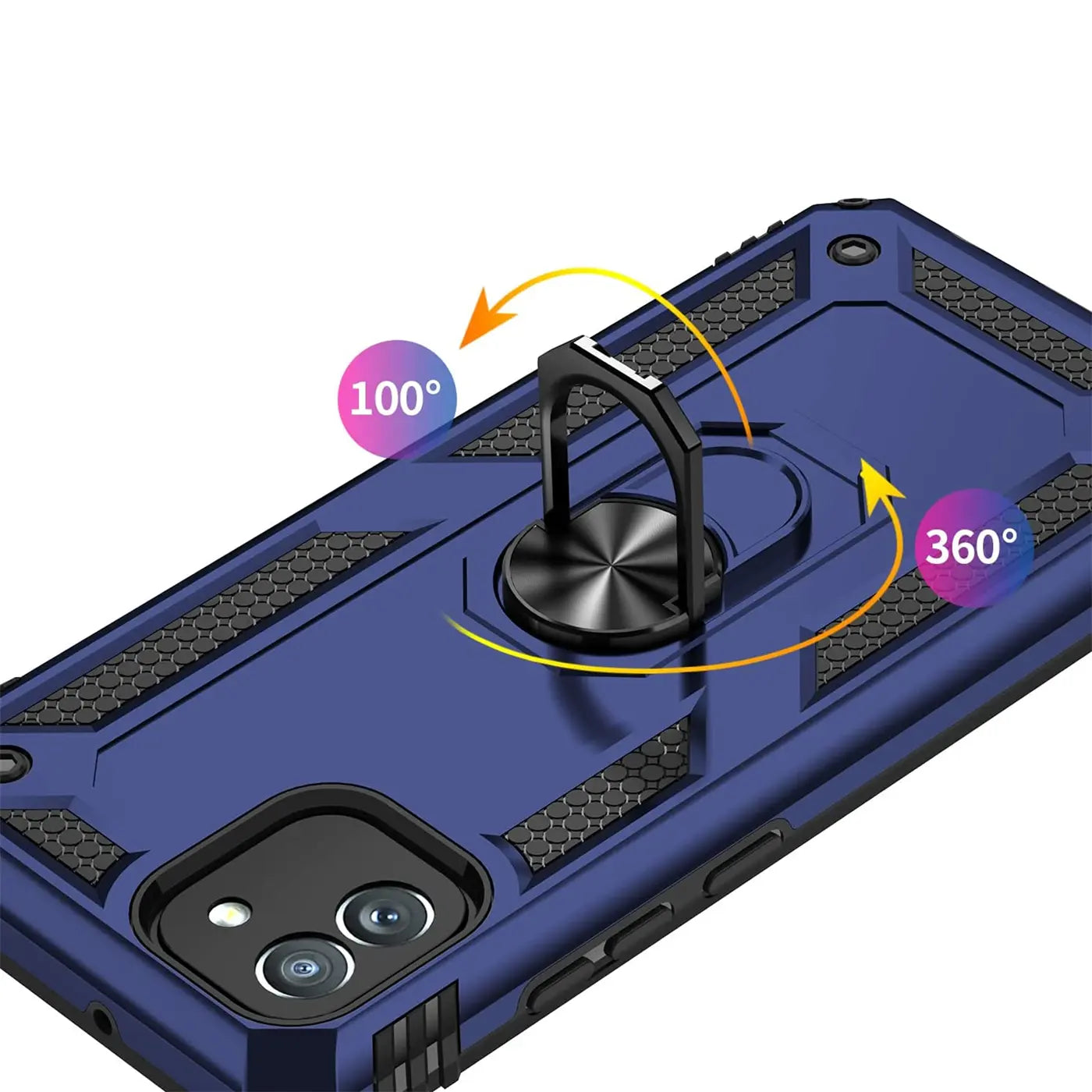 Blaue Hülle mit Ringhalter für Samsung Galaxy A03, aus Kunststoff, von hinten gesehen.