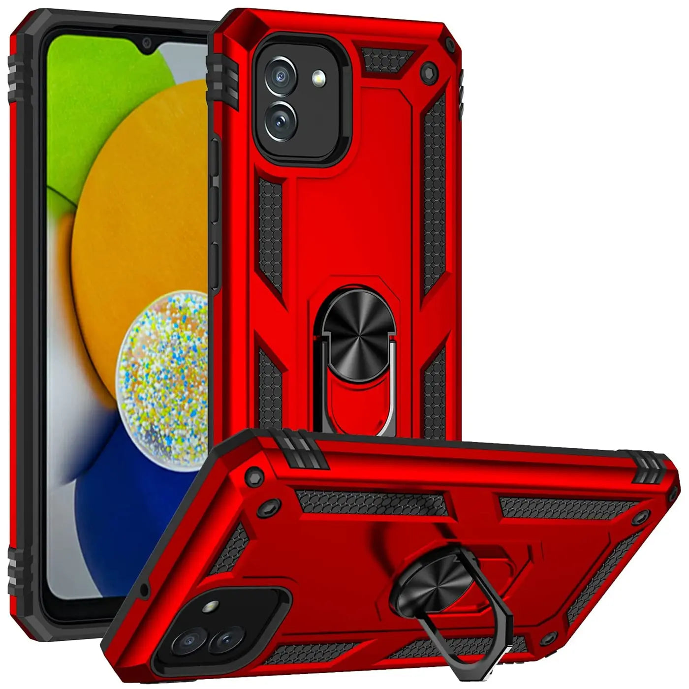 Rote Hülle mit Ringhalter für Samsung Galaxy A03, aus Kunststoff, von vorne/oben.