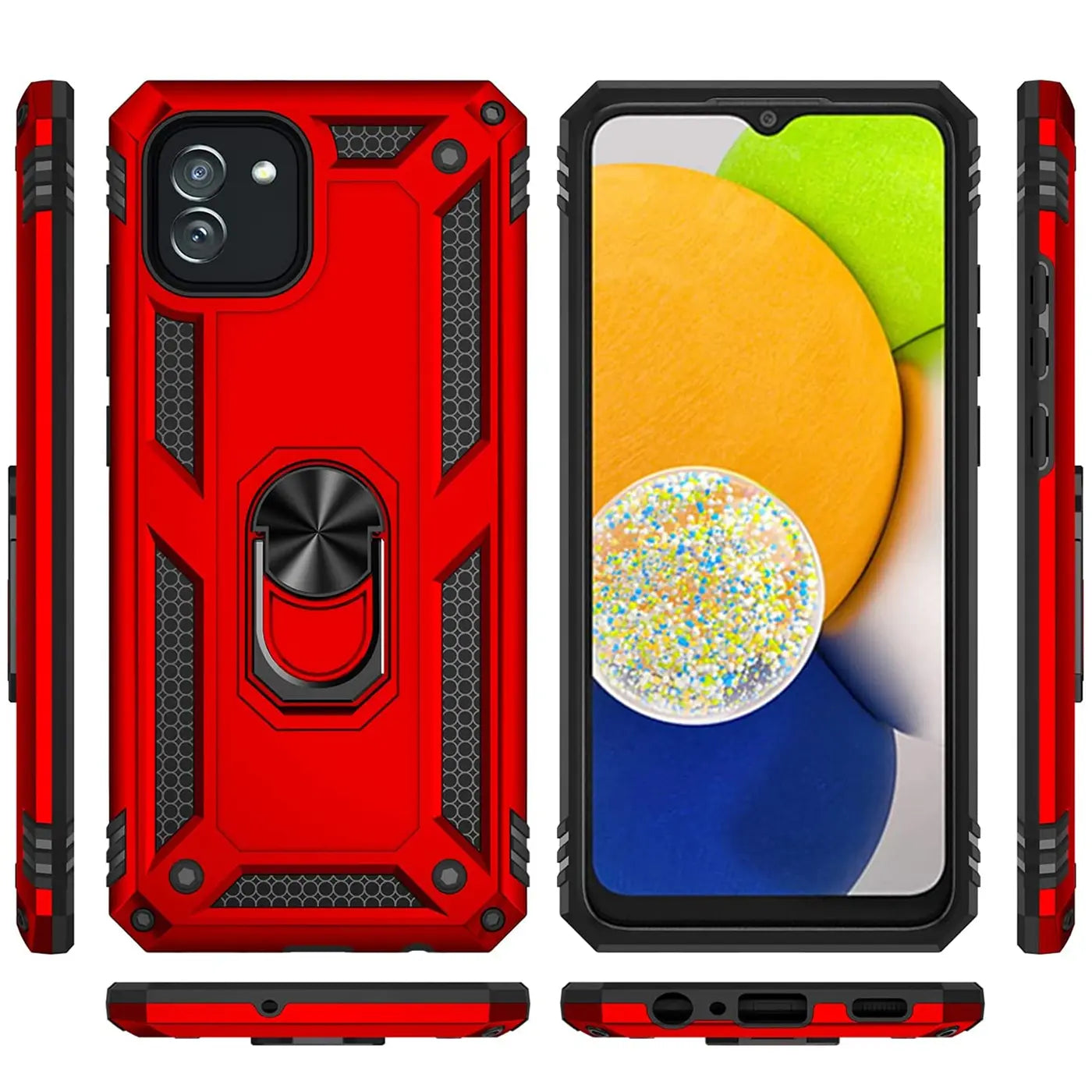 Rote Military Hülle mit Ringhalter für Samsung Galaxy A03, Vorder- und Seitenansicht