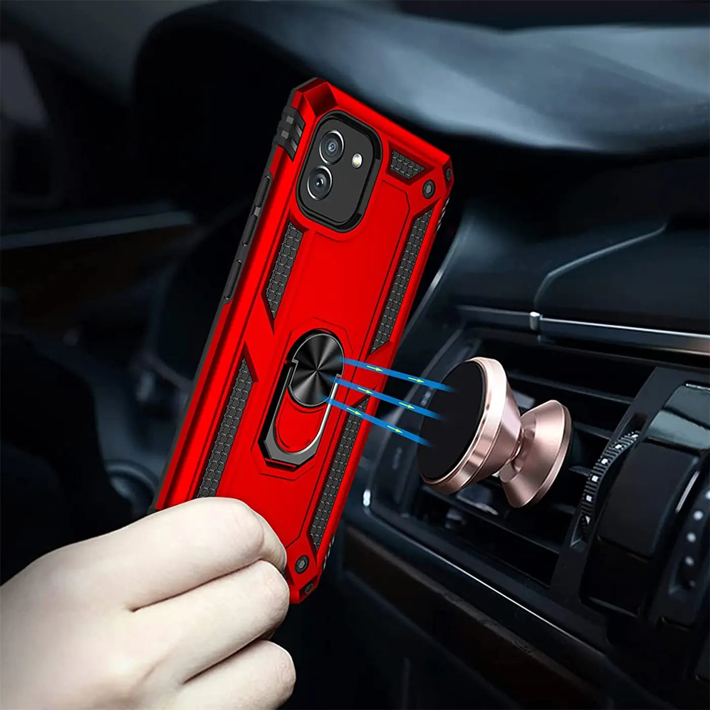 Rote Hülle mit Ringhalter für Samsung Galaxy A03, aus Kunststoff, Nahaufnahme, im Auto