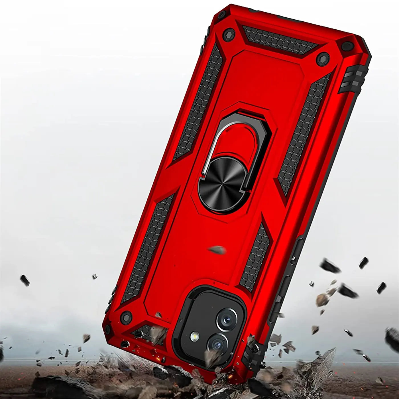 Rote Militärhülle mit Ringhalter für Samsung Galaxy A03, von schräg oben.