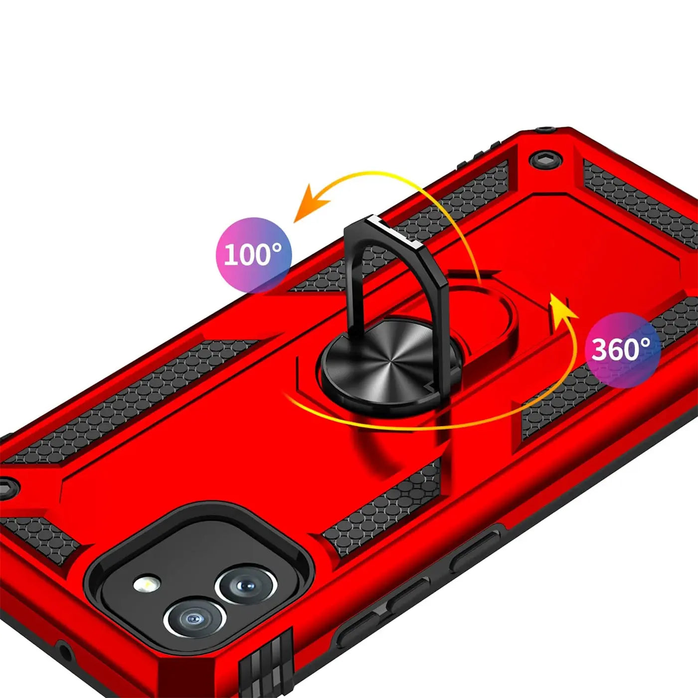 Rote Hülle mit Ringhalter für Samsung Galaxy A03, aus Kunststoff, von oben schräg gezeigt.