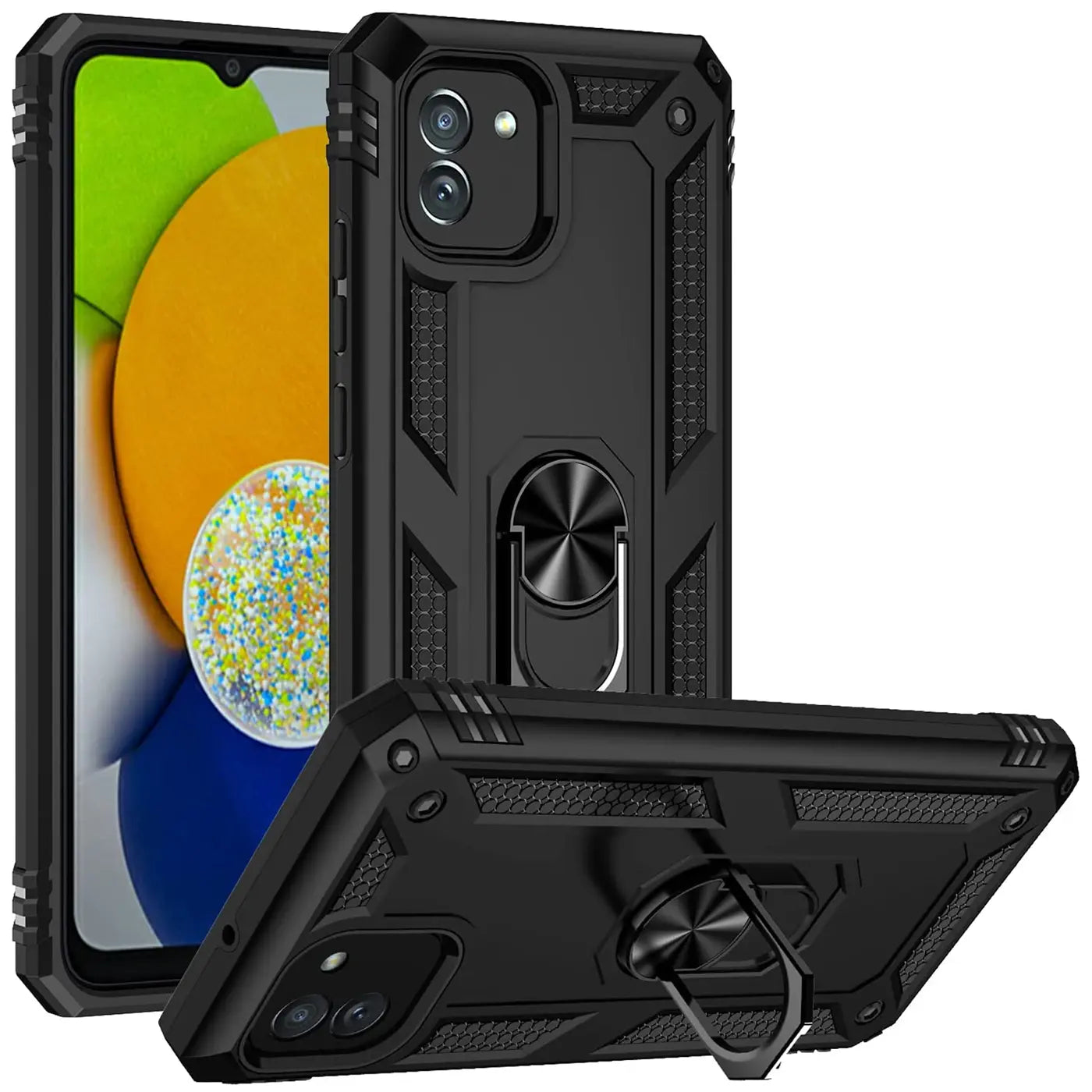 Schwarze Hülle mit Ringhalter für Samsung Galaxy A03, Vorder- und Rückansicht.