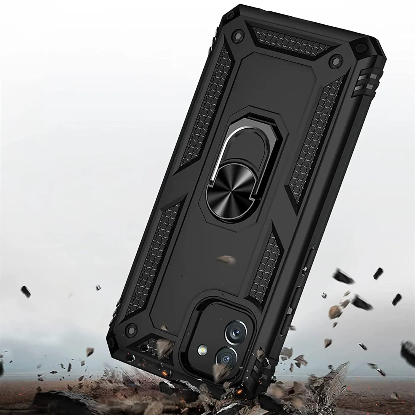 Schwarze Hülle mit Ringhalter für Samsung Galaxy A03, von schräg oben fotografiert.