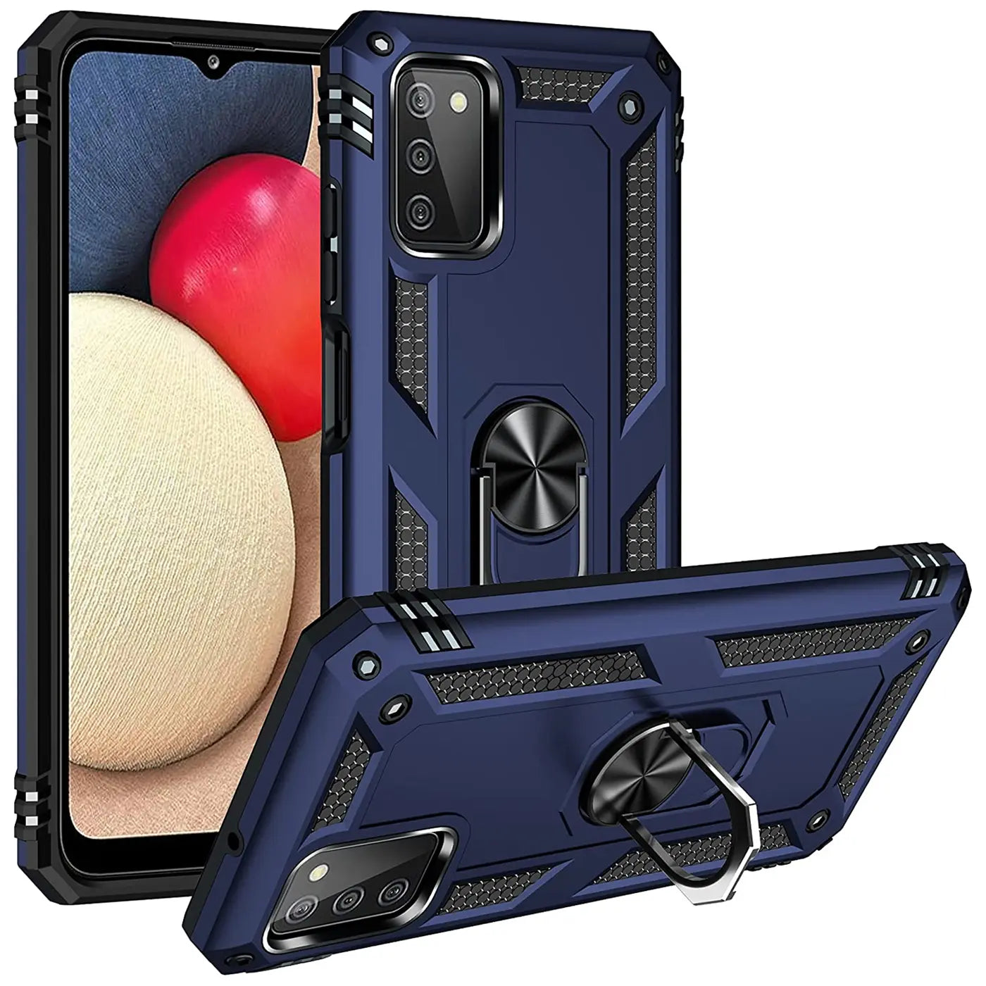 Dunkelblaue Hülle aus Kunststoff mit Ringhalter, Vorder- und Rückansicht, Samsung Galaxy A03s