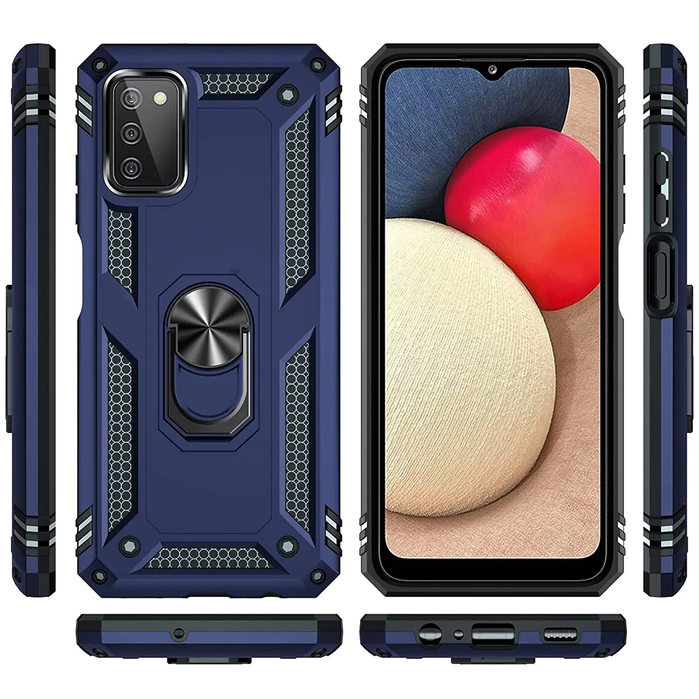 Dunkelblaue Hülle mit Ringhalter, zeigt Samsung A03s. Mehrere Ansichten.