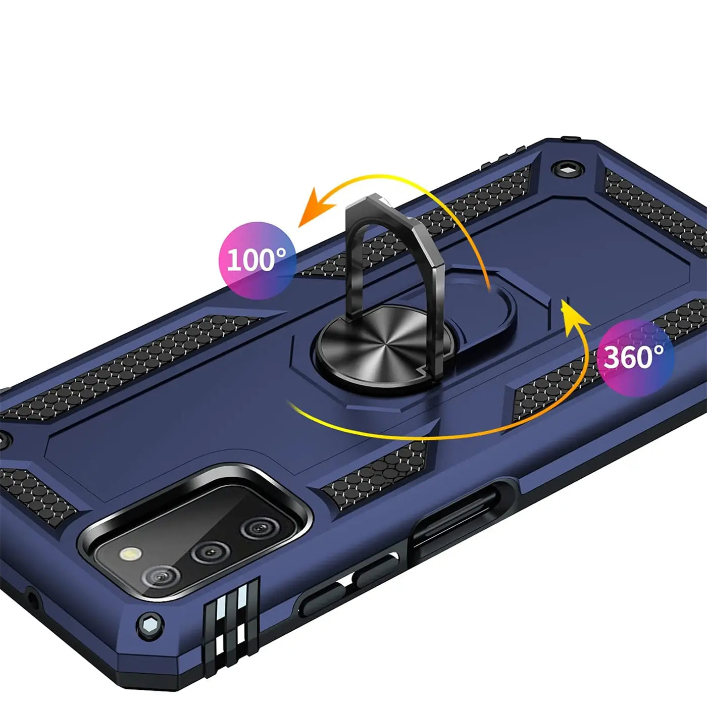 Dunkelblaue Hülle mit Ringhalter für Samsung Galaxy A03s, Rückansicht.
