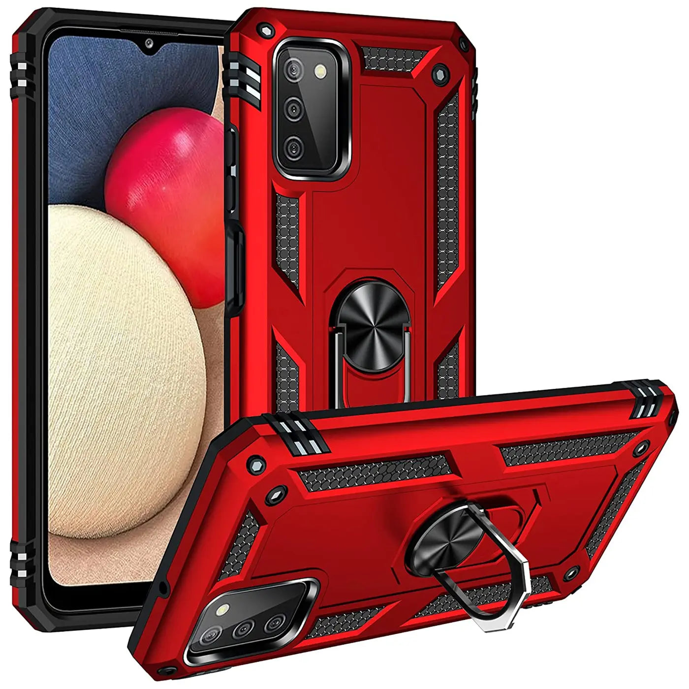 Rote Hülle mit Ringhalter für Samsung Galaxy A03s, von vorne/schräg.