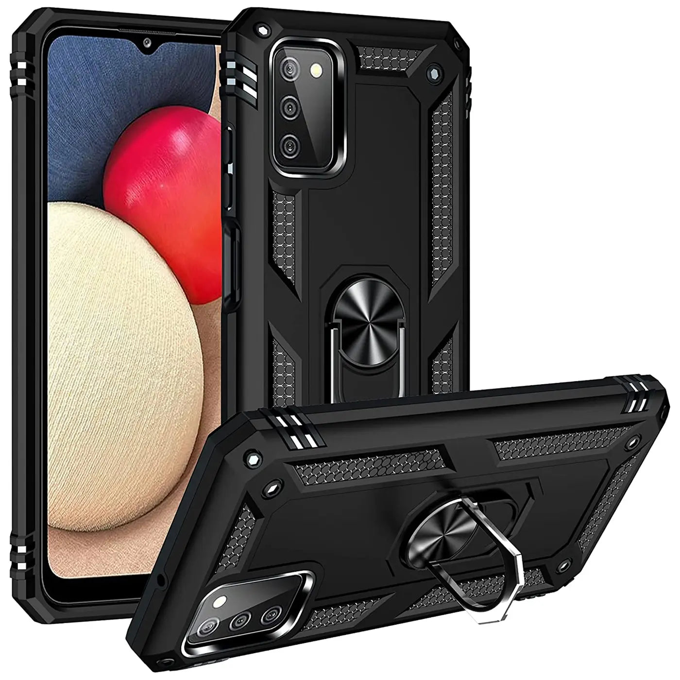 Schwarze Hülle aus Kunststoff mit Ringhalter für Samsung Galaxy A03s, von vorne und schräg.