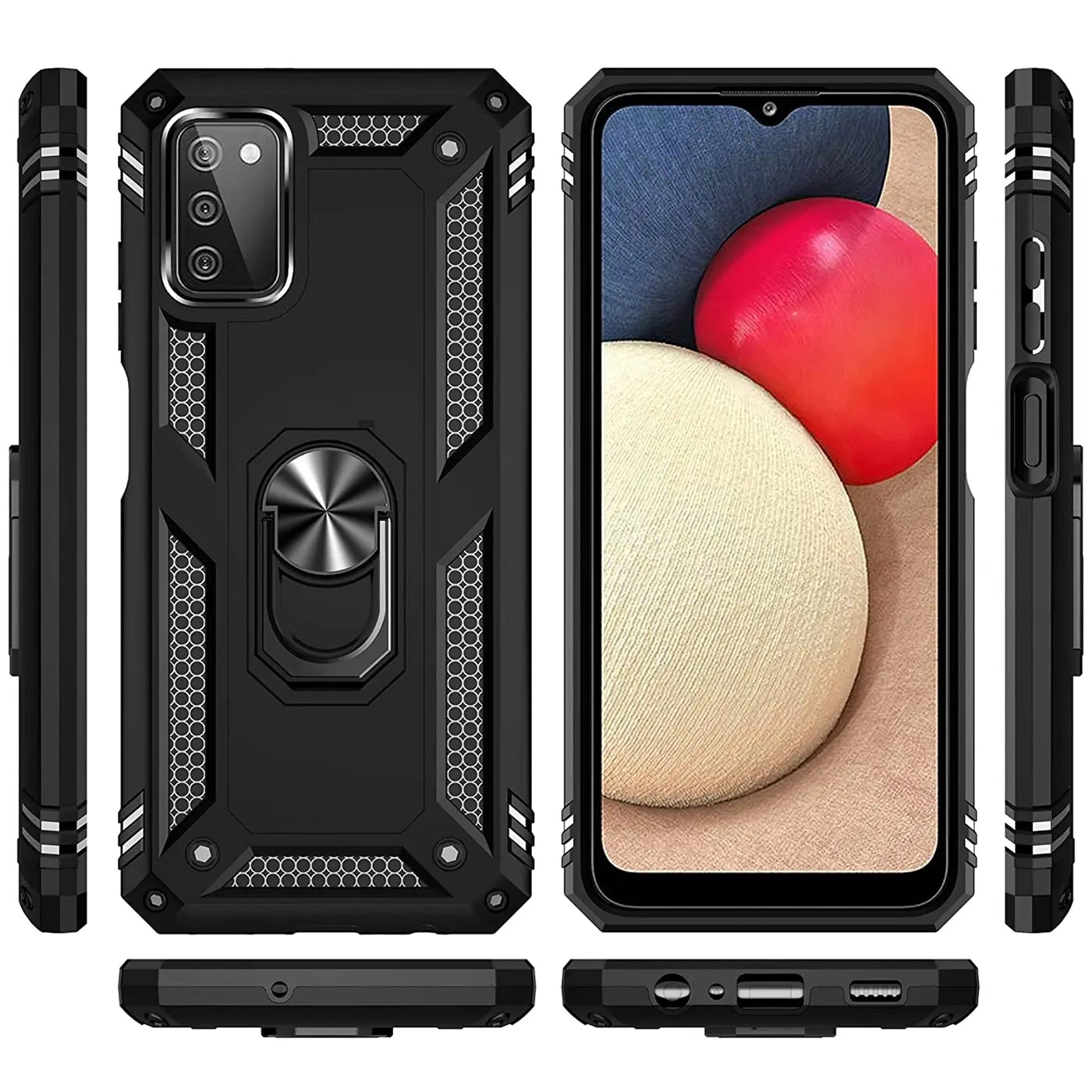 Schwarze Hülle mit Ringhalter, aus Kunststoff, zeigt Samsung Galaxy A03s.