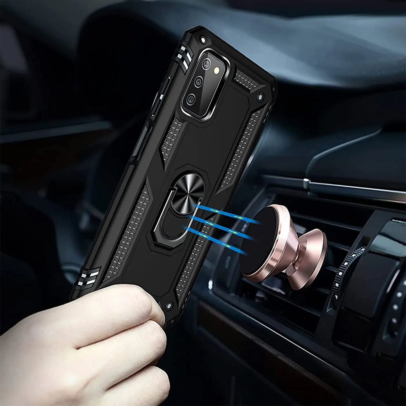 Schwarze Hülle mit Ringhalter für Samsung Galaxy A03s, magnetisch, im Auto befestigt.