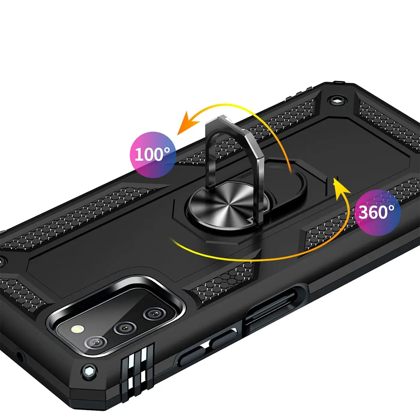 Schwarze Hülle aus Kunststoff mit Ringhalter für Samsung A03s, von schräg oben.