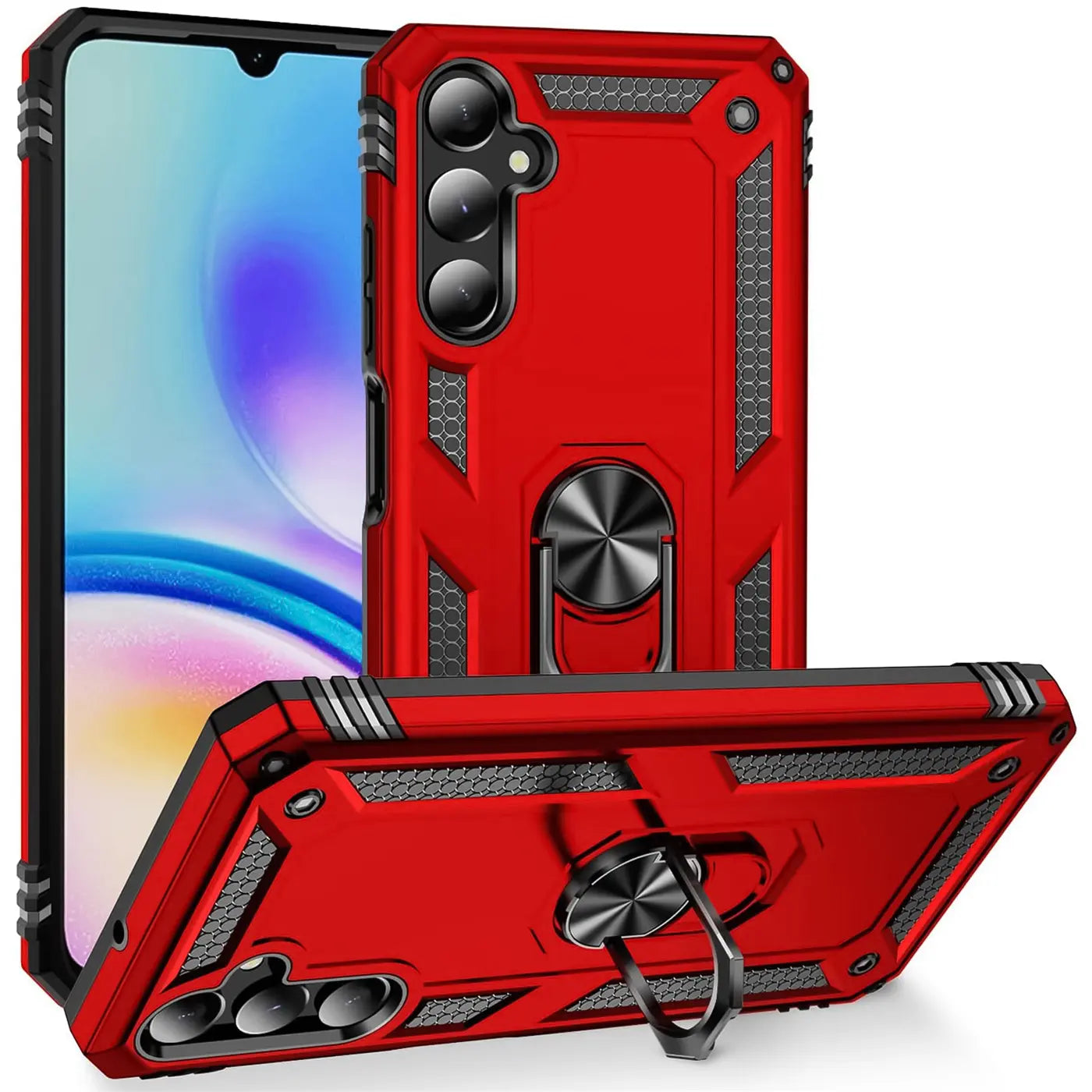 Rote Military Hülle mit Ringhalter für Samsung Galaxy A05s, aus Kunststoff, aus verschiedenen Winkeln gezeigt.