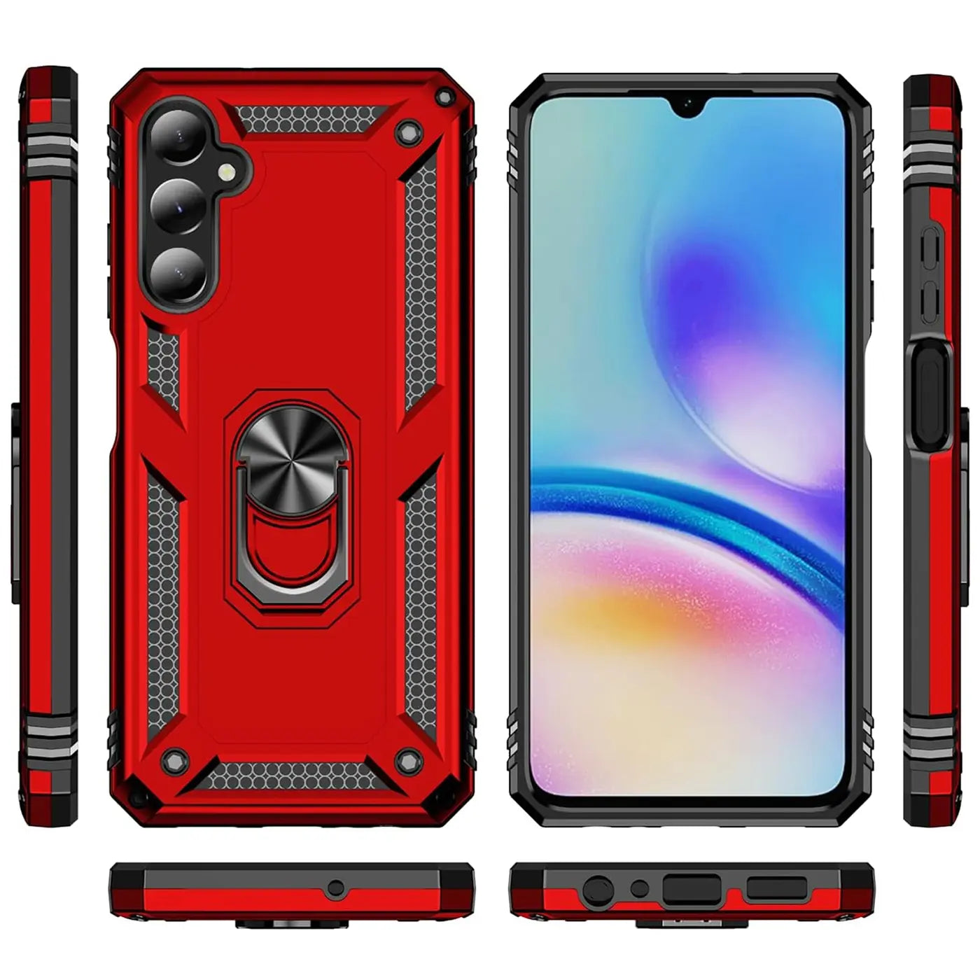 Rote Hülle mit Ringhalter für Samsung Galaxy A05s, verschiedene Ansichten.