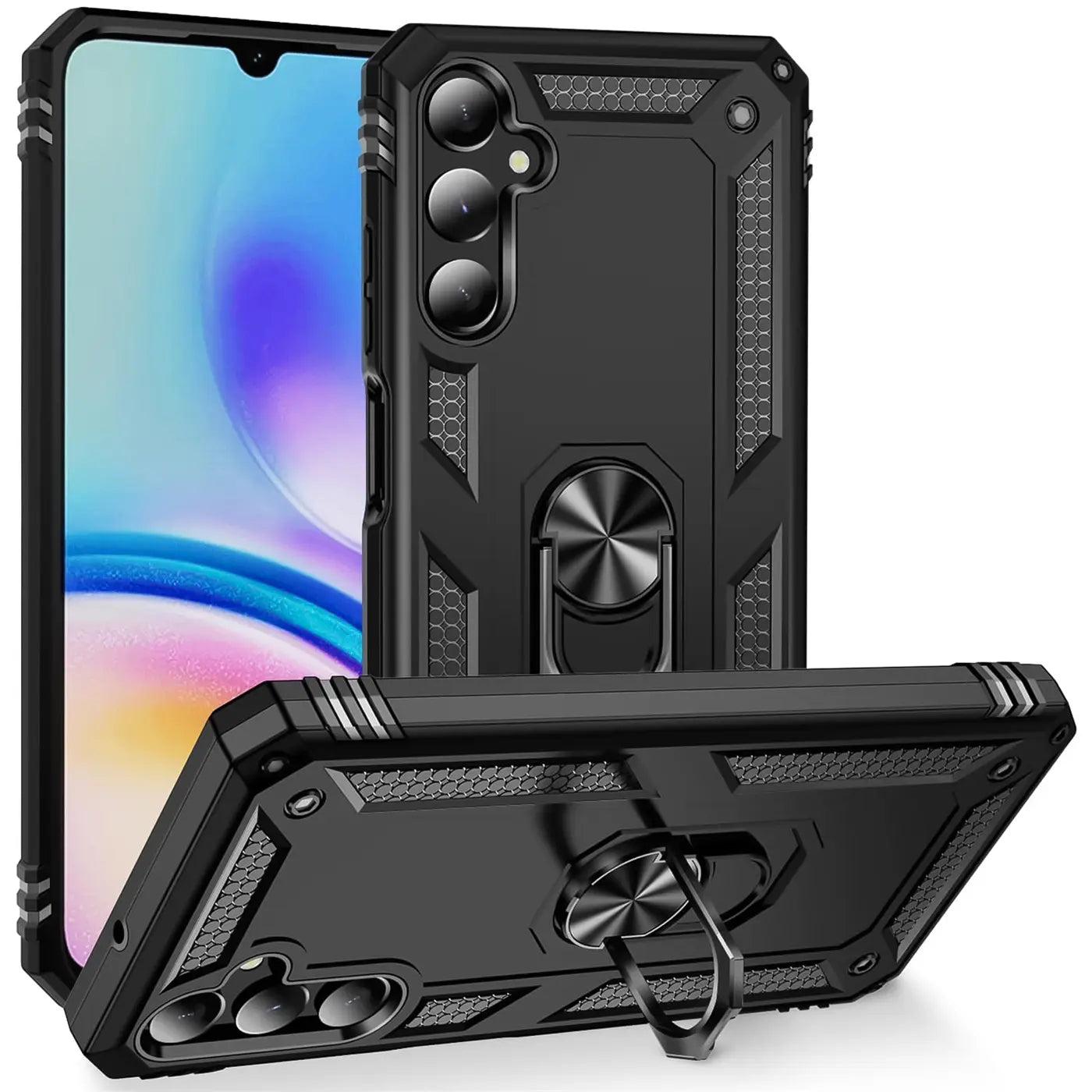 Schwarze Hülle aus Kunststoff mit Ringhalter für Samsung Galaxy A05s, von vorne schräg