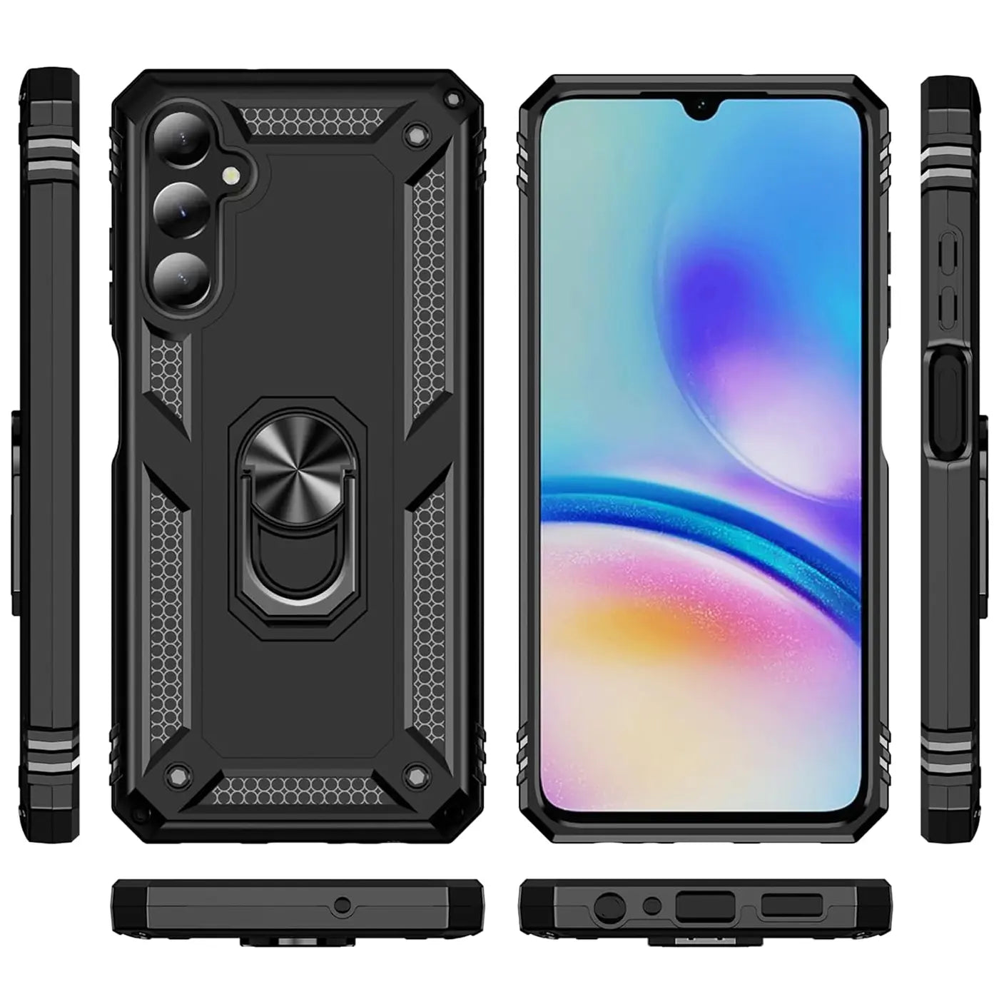 Schwarze Handyhülle aus Kunststoff mit Ringhalter, verschiedene Ansichten, Samsung Galaxy A05s.
