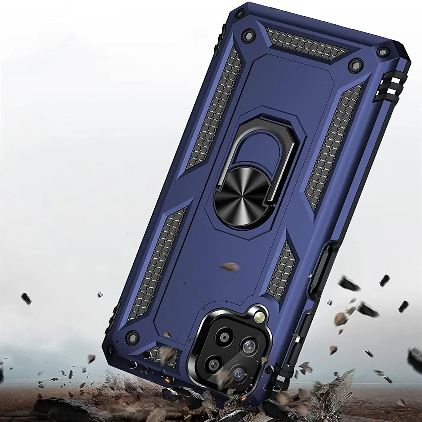 Dunkelblaue Hülle mit Ringhalter, aus Kunststoff, von schräg oben, für Samsung Galaxy A12/M12.