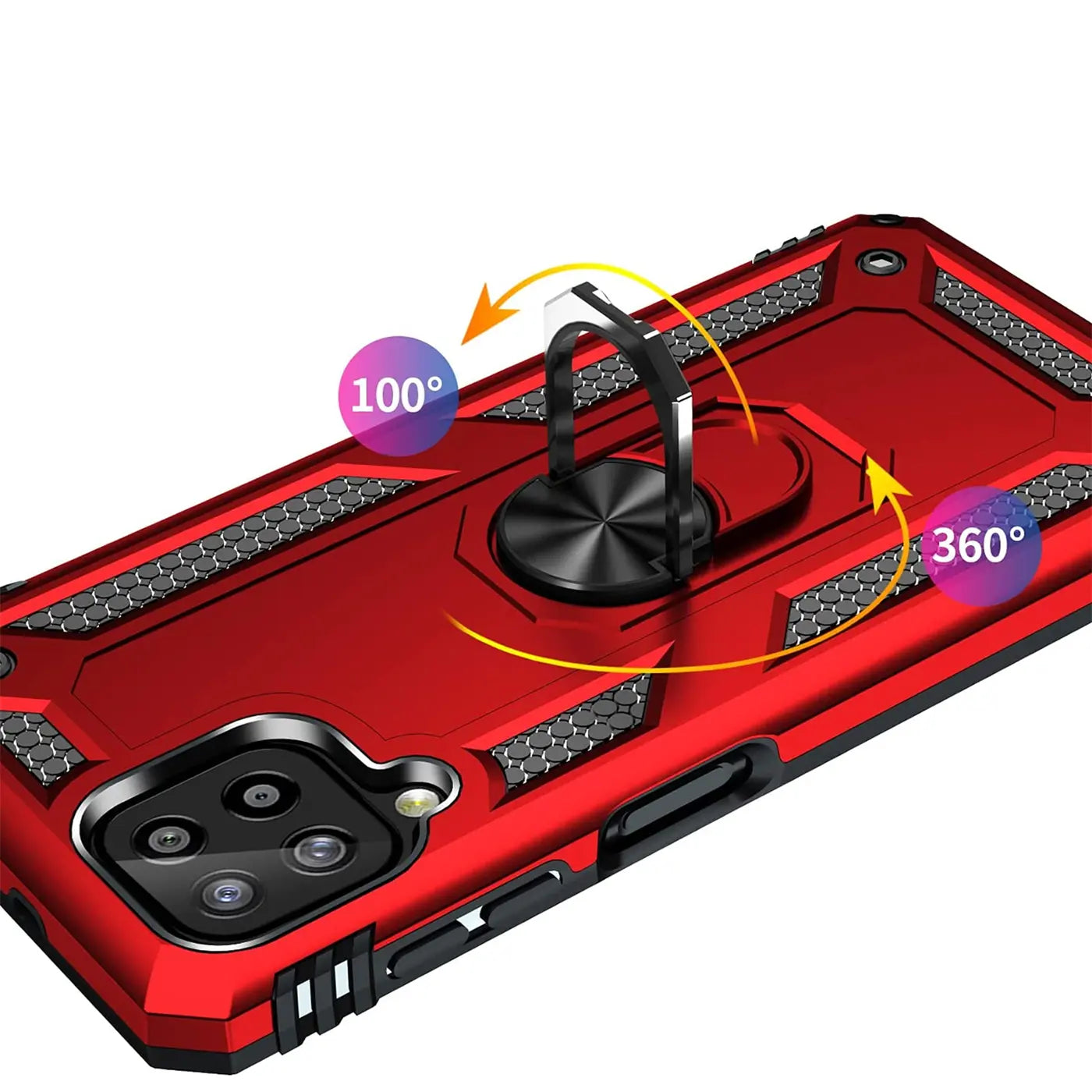 Rote Hülle mit Ringhalter für Samsung Galaxy A12/M12, von schräg oben.