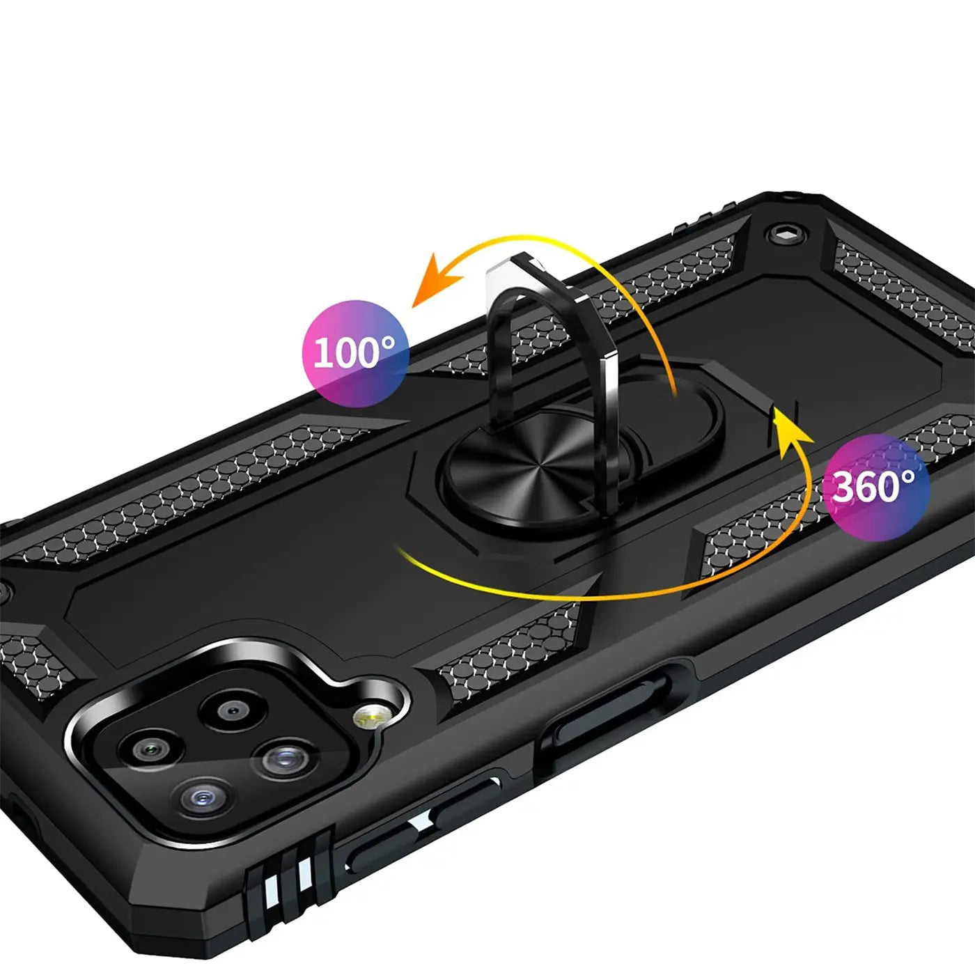 Schwarze Handyhülle aus Kunststoff mit Ringhalter, Rückansicht, Samsung Galaxy A12/M12.