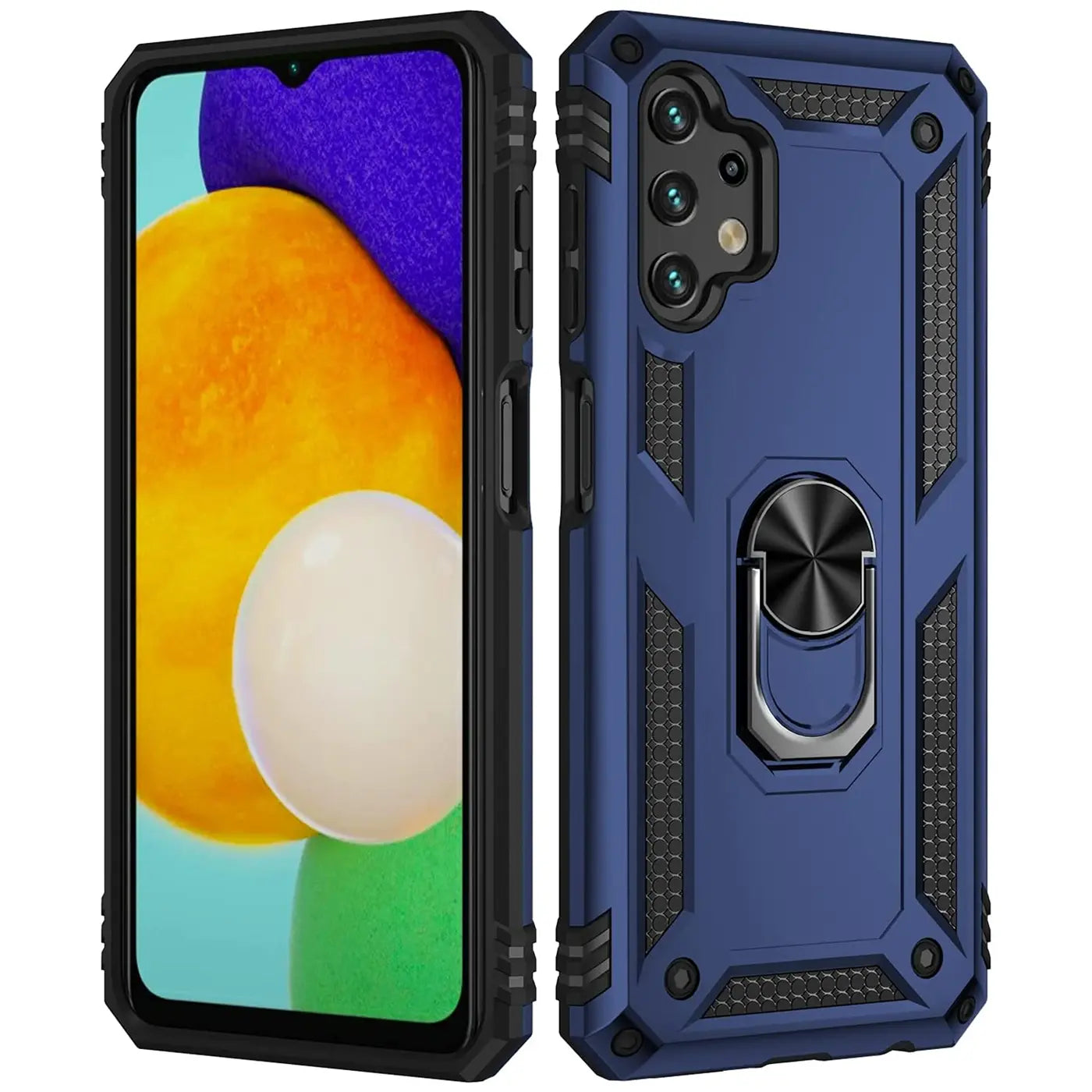 Blaues Samsung Galaxy A13 4G Case aus Kunststoff mit Ringhalter, Vorder- und Rückansicht.