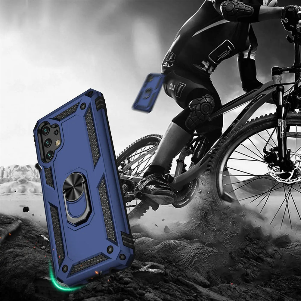 Blaue Hülle mit Ringhalter, vorne, für Samsung Galaxy A13 4G.