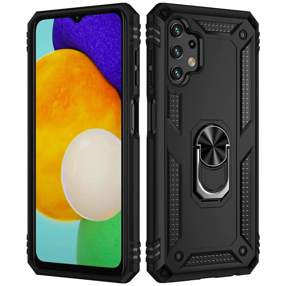 Schwarze Militärhülle aus Kunststoff mit Ringhalter für Samsung Galaxy A13 4G, Vorder- und Rückansicht.