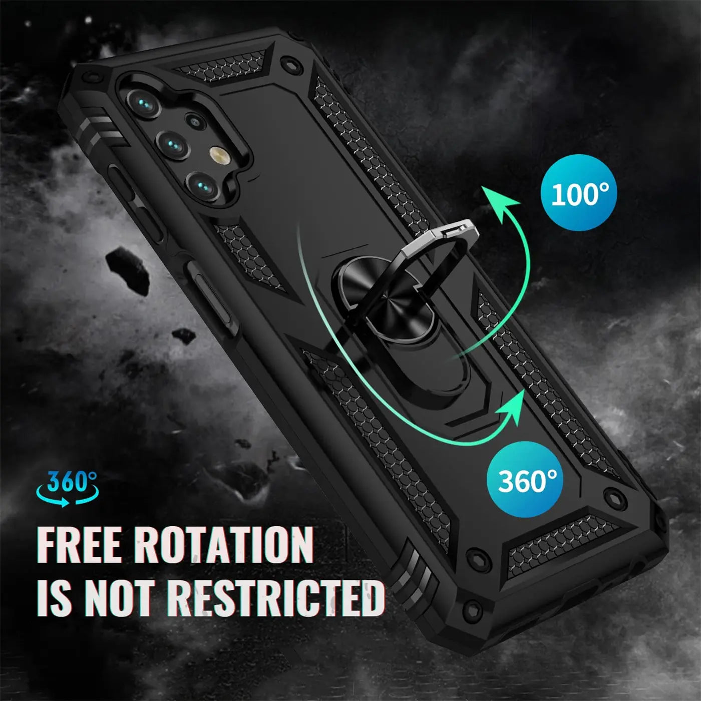 Schwarze Militärhülle mit Ringhalter für Samsung Galaxy A13 4G, von schräg oben.
